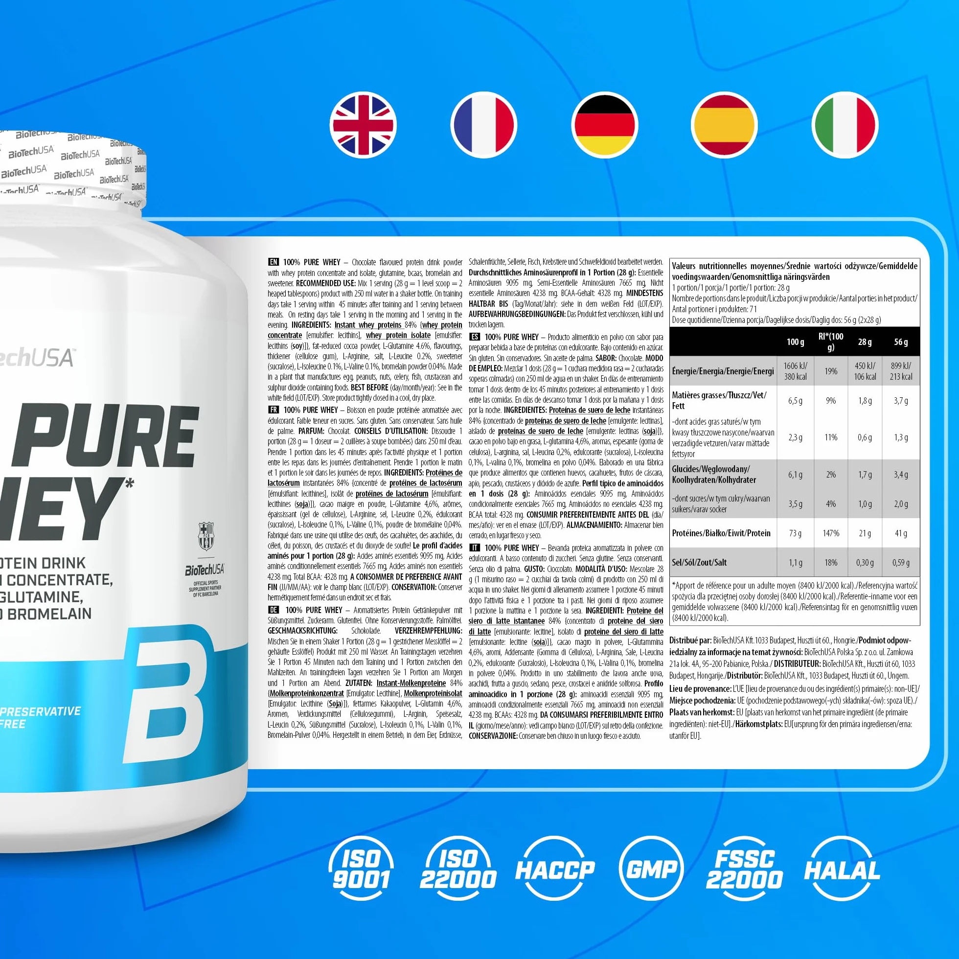 BioTechUSA 100% Pure Whey Proteína en Polvo 2 kg Chocolate BCAA Glutamina Sin Gluten