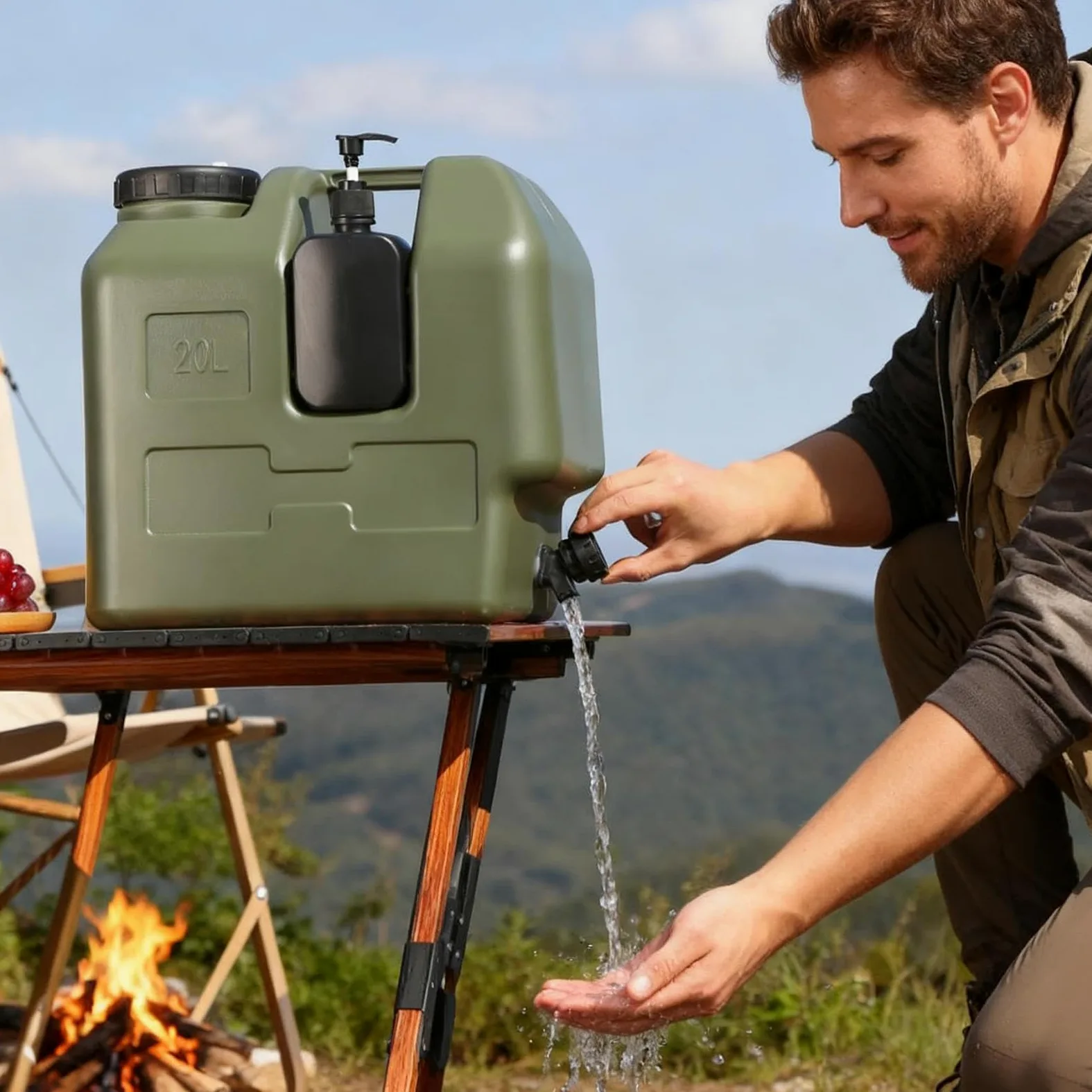 Contenedor de agua, jarra portátil de polietileno de alta densidad de 20 L, 34,5 x 23,5 x 35 cm, botella de jabón de manos incluida, ideal para senderismo, pesca, picnic, viajes, supervivencia o