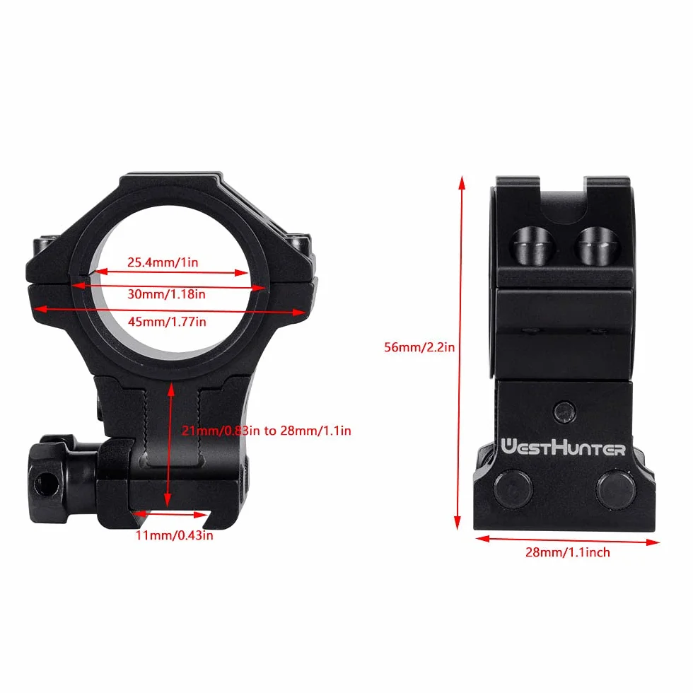 Anillas Ajustables para Mira Telescópica WestHunter Optics,Soporte de Precisión para Instalar Miras de 30mm & 25.4mm en Rieles de Cola de Milano de 11 mm | Black