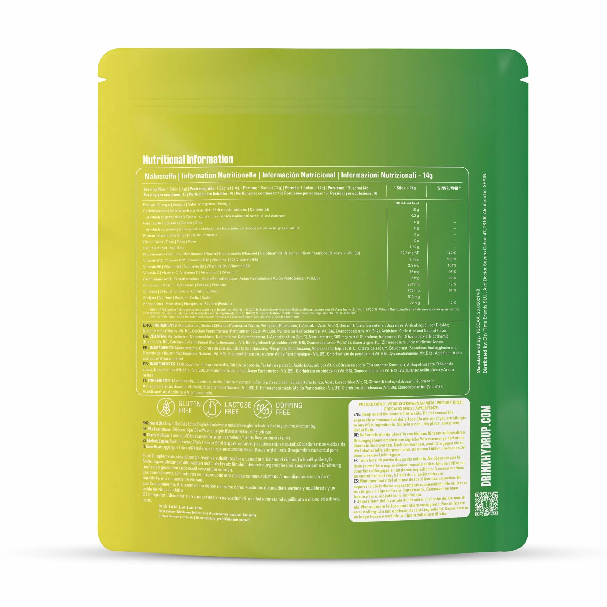 Electrolitos en Polvo 1733 mg - Hidratación Rápida y Energía al Instante, Sales Minerales con Vitaminas B y C, Sabor Lima Limón, 16 Sobres Sin Gluten