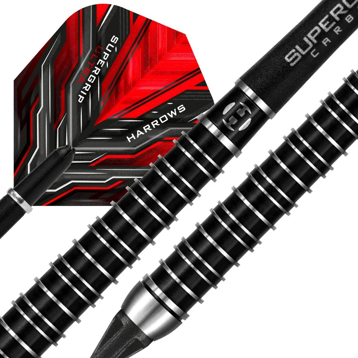 Harrows Juego de Dardos con Punta Blanda de tungsteno SUPERGRIP Ultra 90% Disponible en 18 g, 21 g, 22 g. Incluye Ejes de Carbono Supergrip, Plumas Supergrip y Estuche de Viaje.