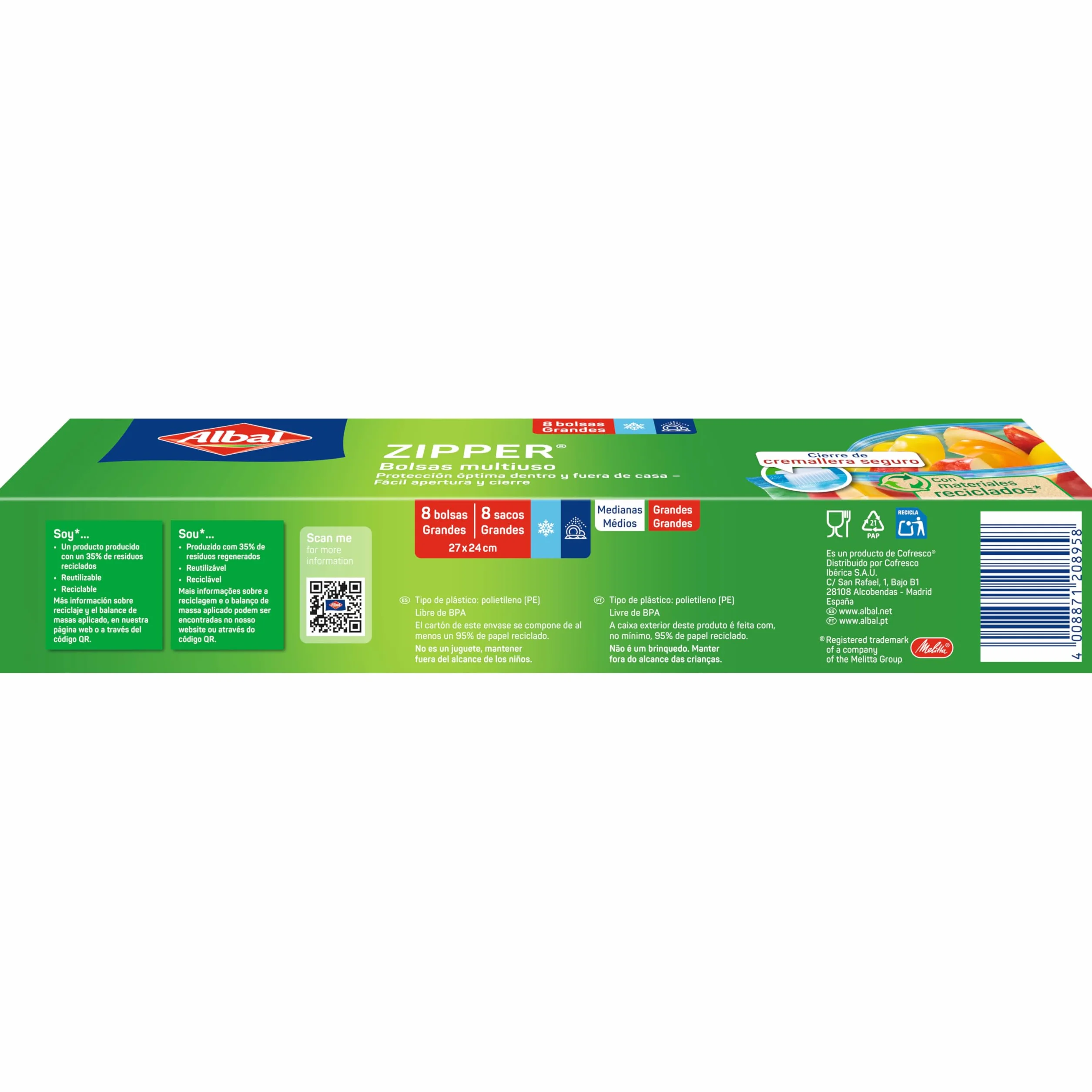 Albal Bolsas Multiuso 3 Litros, Resistentes, Reutilizables, Reciclables, Cierre Cremallera Hermético, Fondo Plano, 8 Bolsas