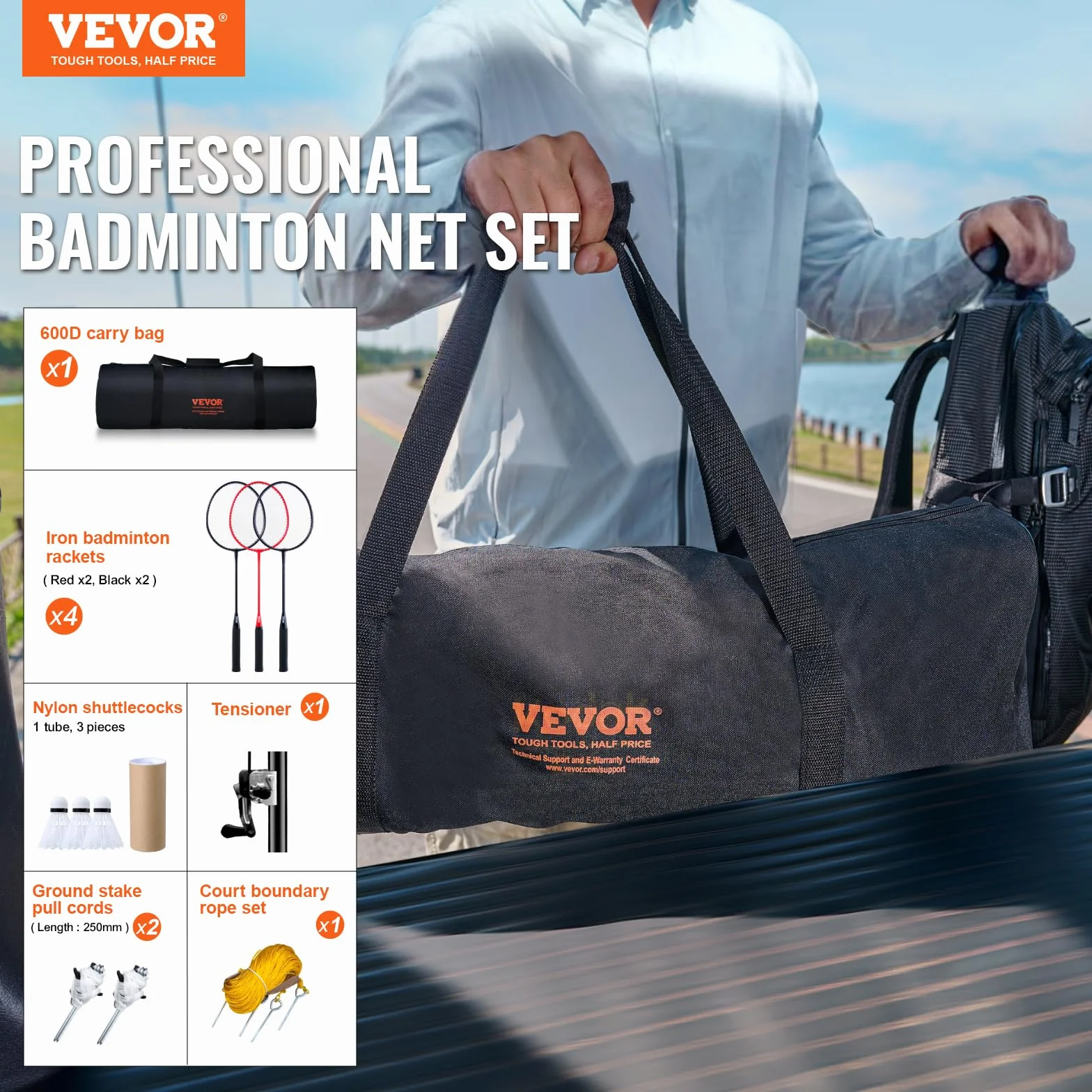 VEVOR Juego de Red de Bádminton Portátil con Postes, Bolsa, 4 Taquetas y 3 Volantes