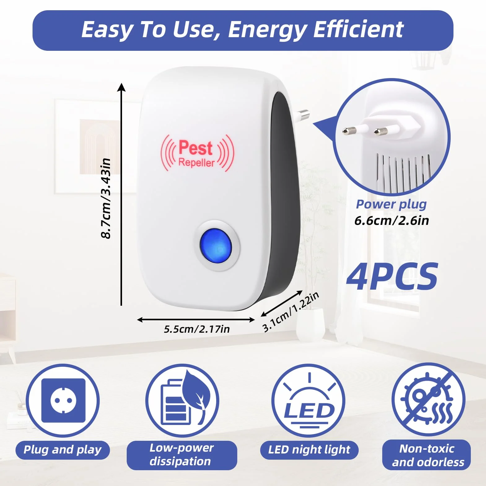 Repelente Ultrasónico de Plagas 4 Pack, Antimosquitos Eléctrico, Auyentadores de Ratones Potente para Interiores
