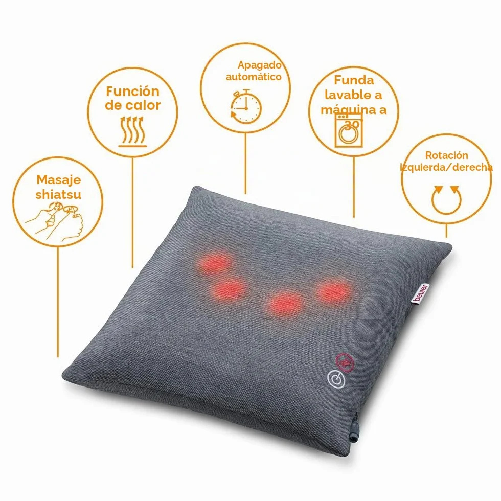 Beurer MG135 Almohada de masaje Shiatsu con luz y calor, 4 cabezales rotatorios, funda lavable 40x40 cm, gris