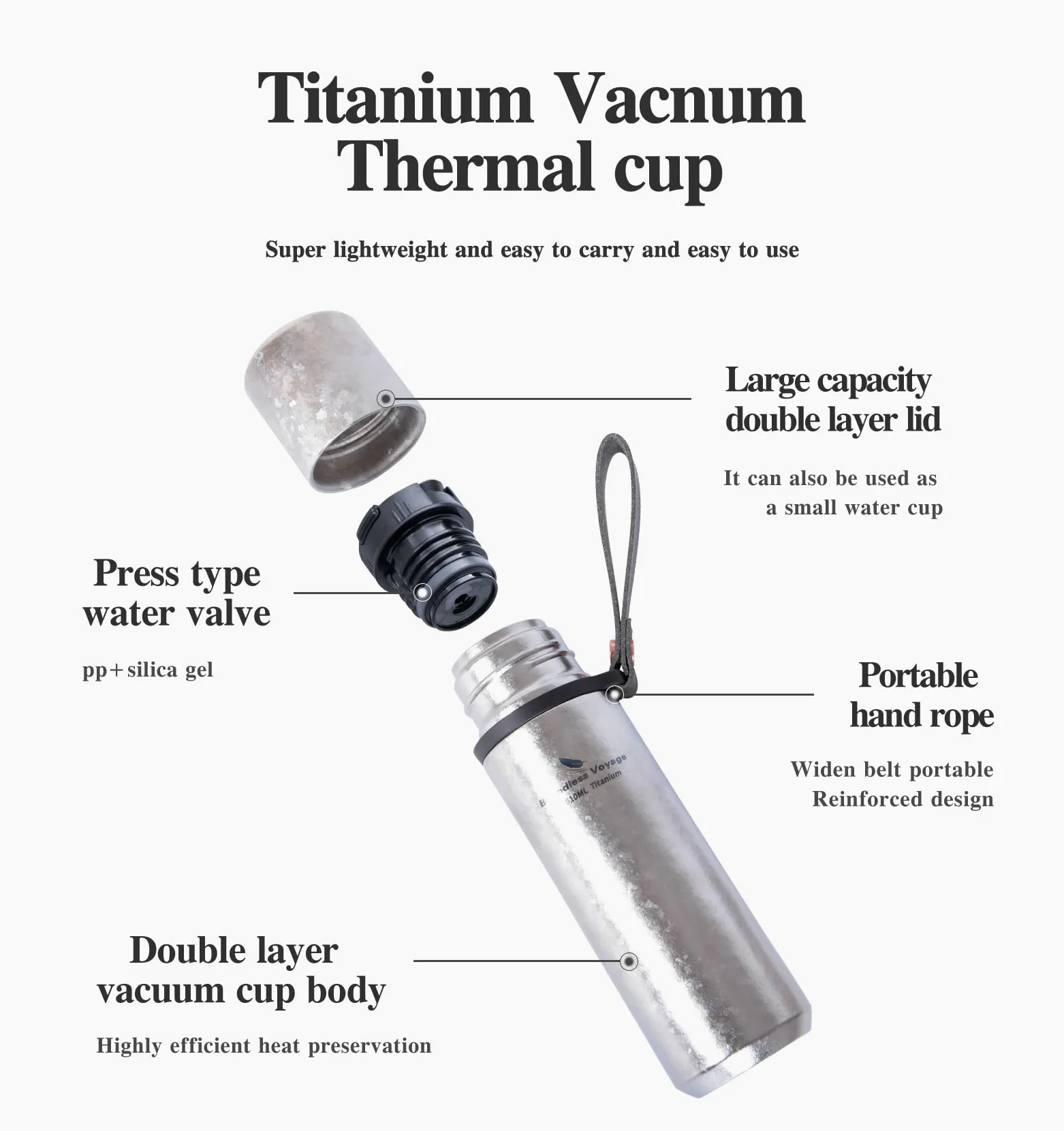 iBasingo Botella termo de titanio de 510 ml, termo de vacío, botella de agua, botella de agua, botella de agua, botella de metal para exteriores, ligera, a prueba de fugas, termo Ti3011D