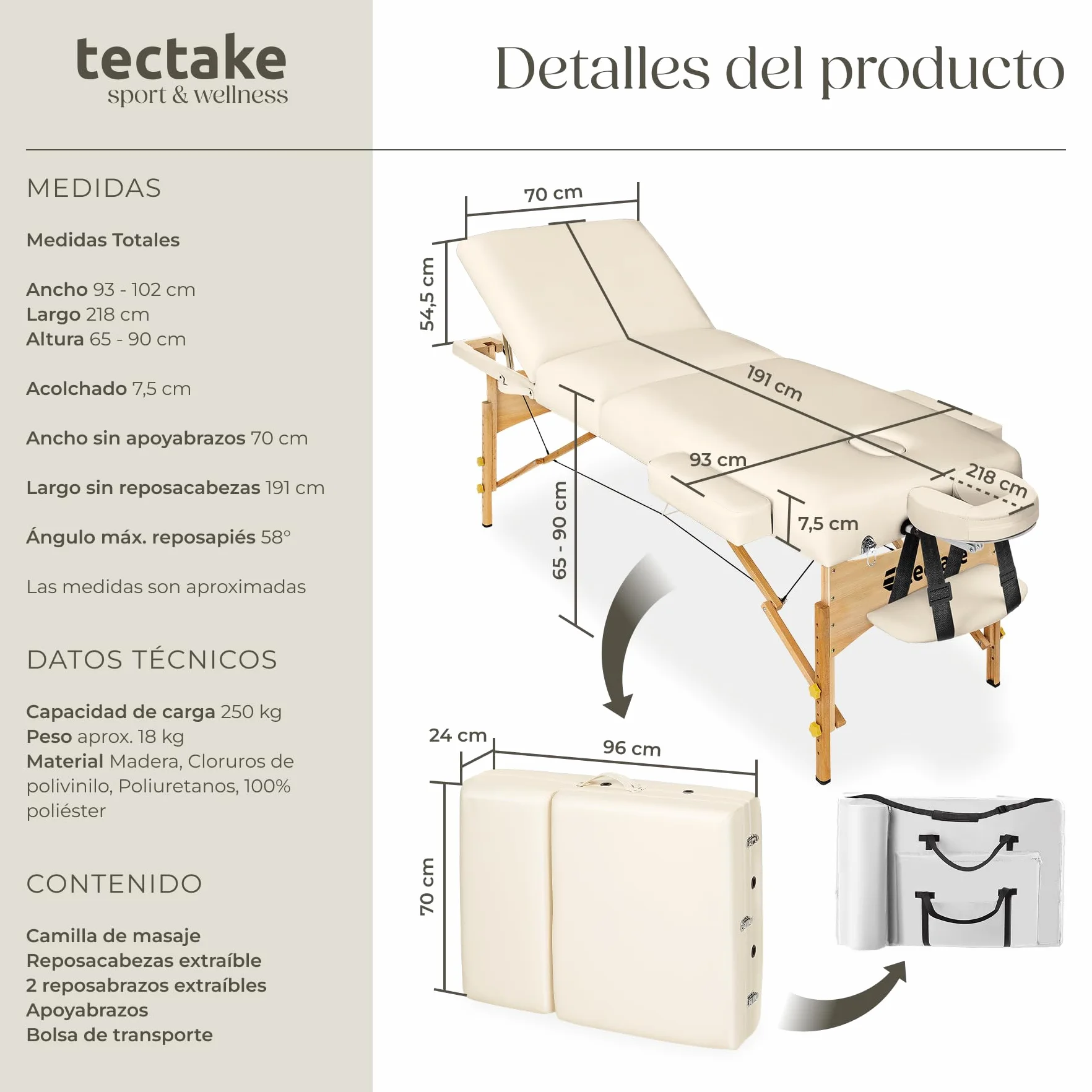 Camilla Masaje Plegable Portátil Ajustable 250kg Acolchado 7,5cm Beige