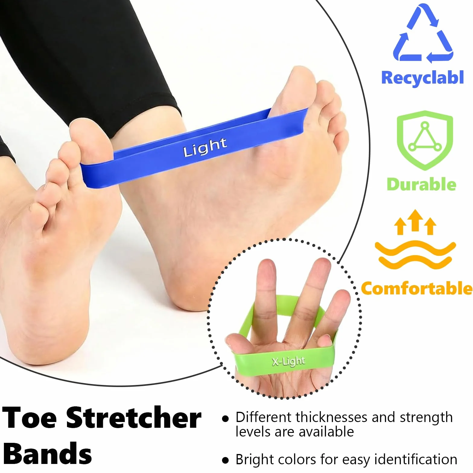 Bandas Elásticas de Látex para Pies, Corregir Juanetes, Estiramiento y Alineación de Dedos, 5 Piezas con Bolsa para Pilates y Yoga