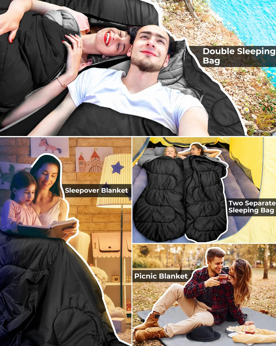 Ohuhu Saco de Dormir Doble Enorme 220x150cm con 2 Almohadas y una Bolsa de Transporte, Cuatro Doble Tiradores de la Cremallera - Temperatura Cómodo: 0 ° C ~ 10 ° C
