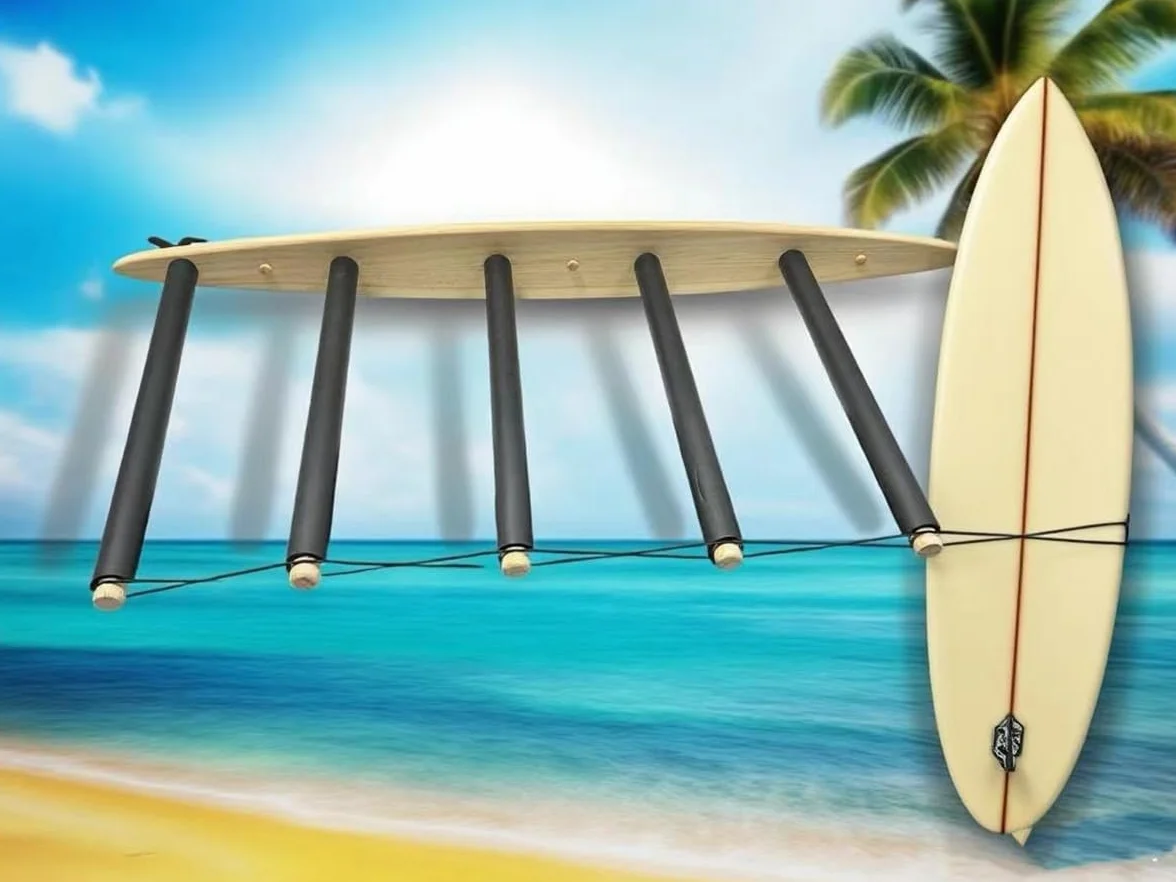 Soporte vertical para tabla de surf - Madera dura duradera con alfombra de goma, 6 brazos (5 a 6 tablas), soporte de surf para pared, almacenamiento de tablas de surf, wakeboard, tabla de