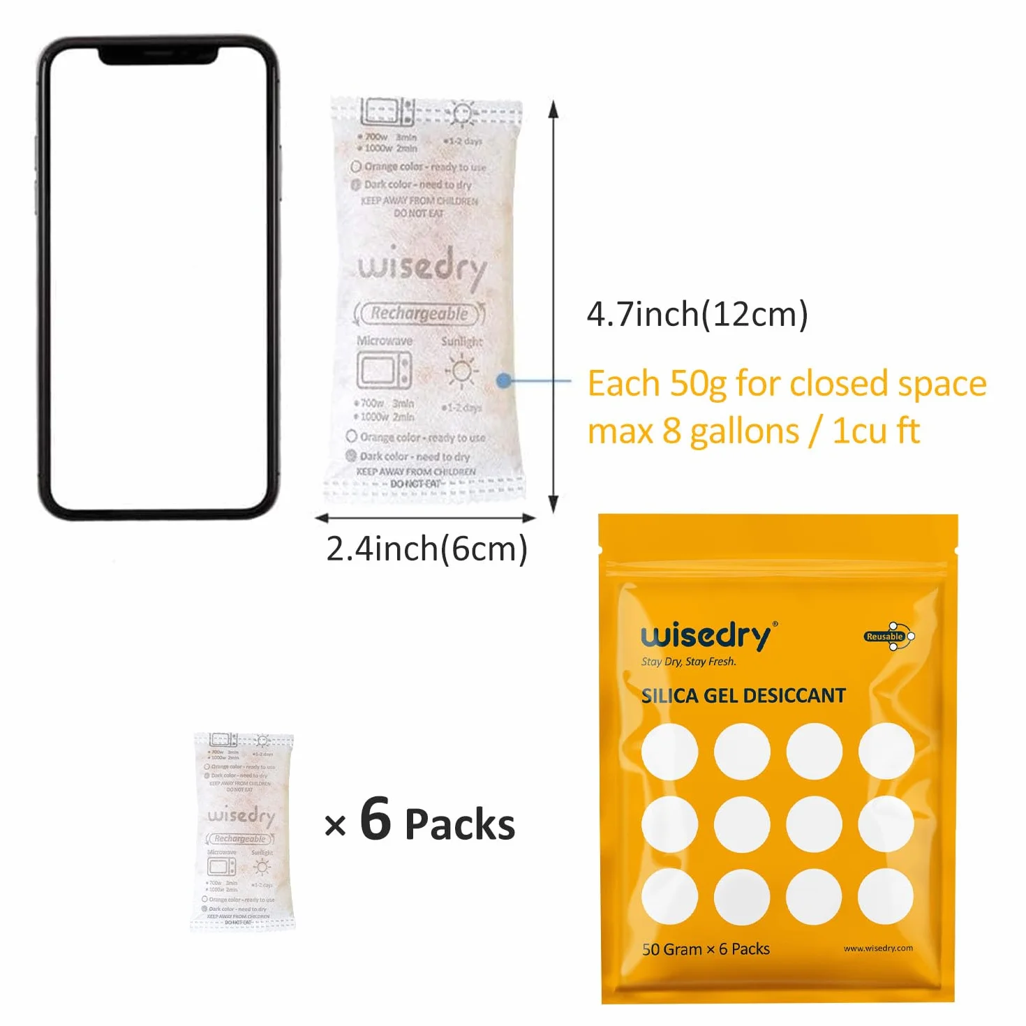 Wisedry Gel De Sílice Bolsitas Desecante Reutilizable 50g 6 Paquetes Indicador de Absorción de Humedad