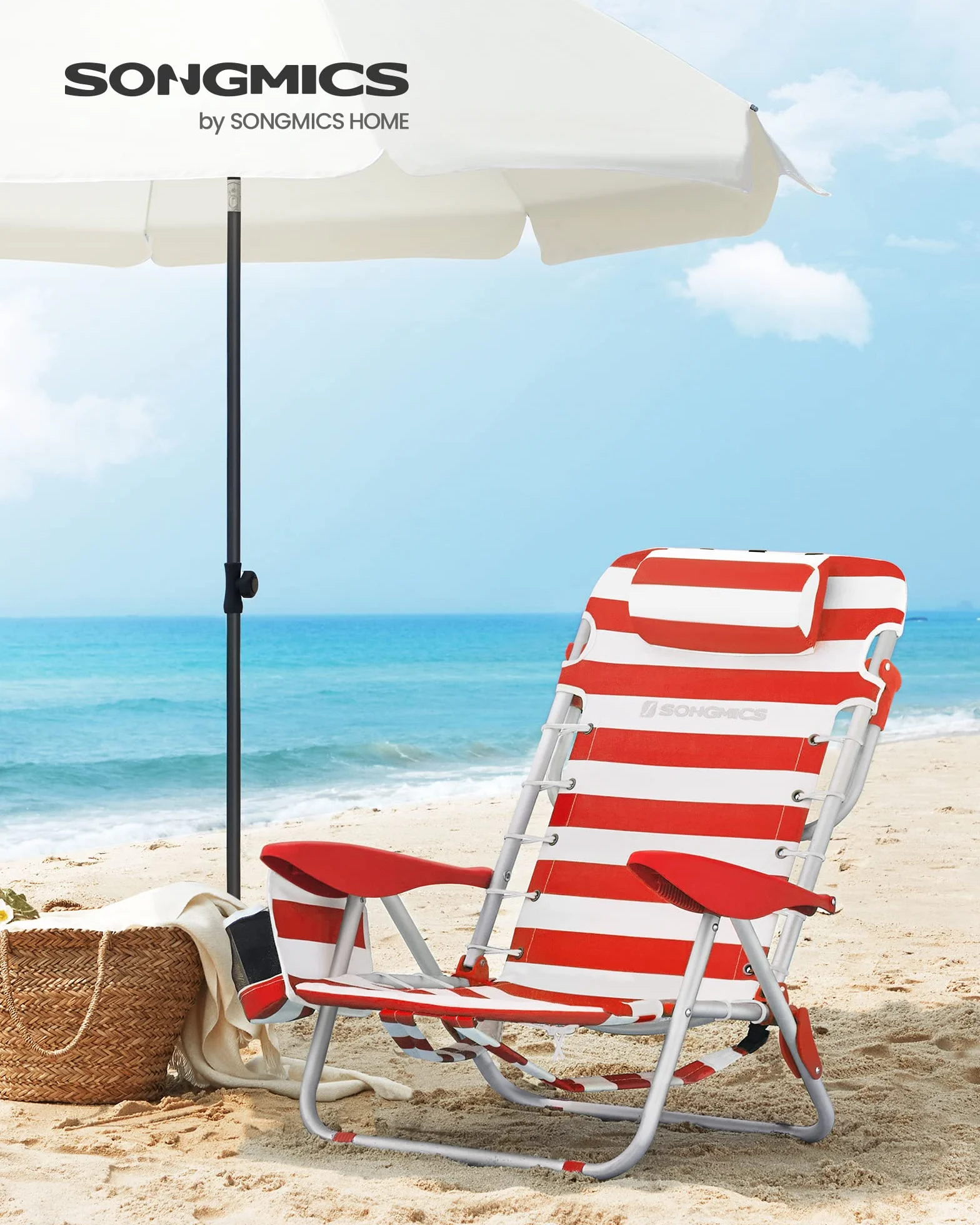 SONGMICS Silla de playa, silla de camping plegable, silla portátil para exteriores, capacidad de 332 libras, llevar como mochila, con respaldo ajustable, reposacabezas, reposabrazos, 2 bolsillos