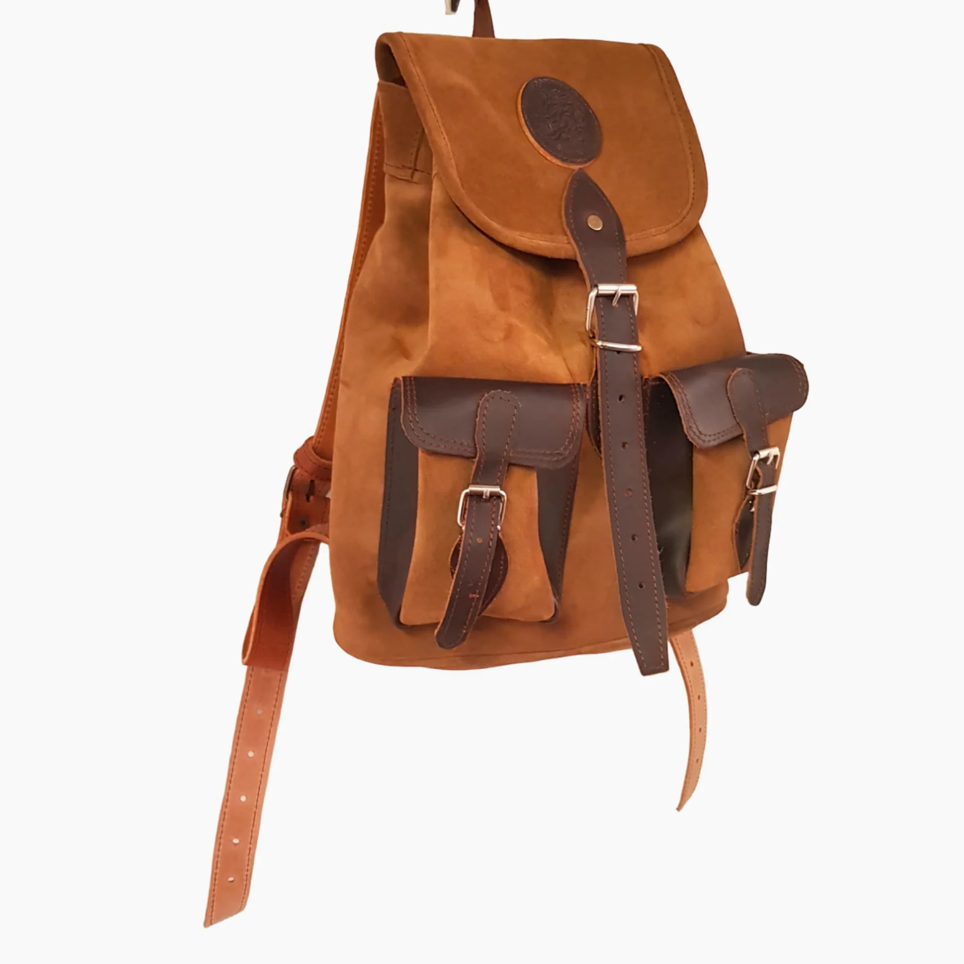 Mochila de caza en serraje y piel, con dos bolsillos frontales