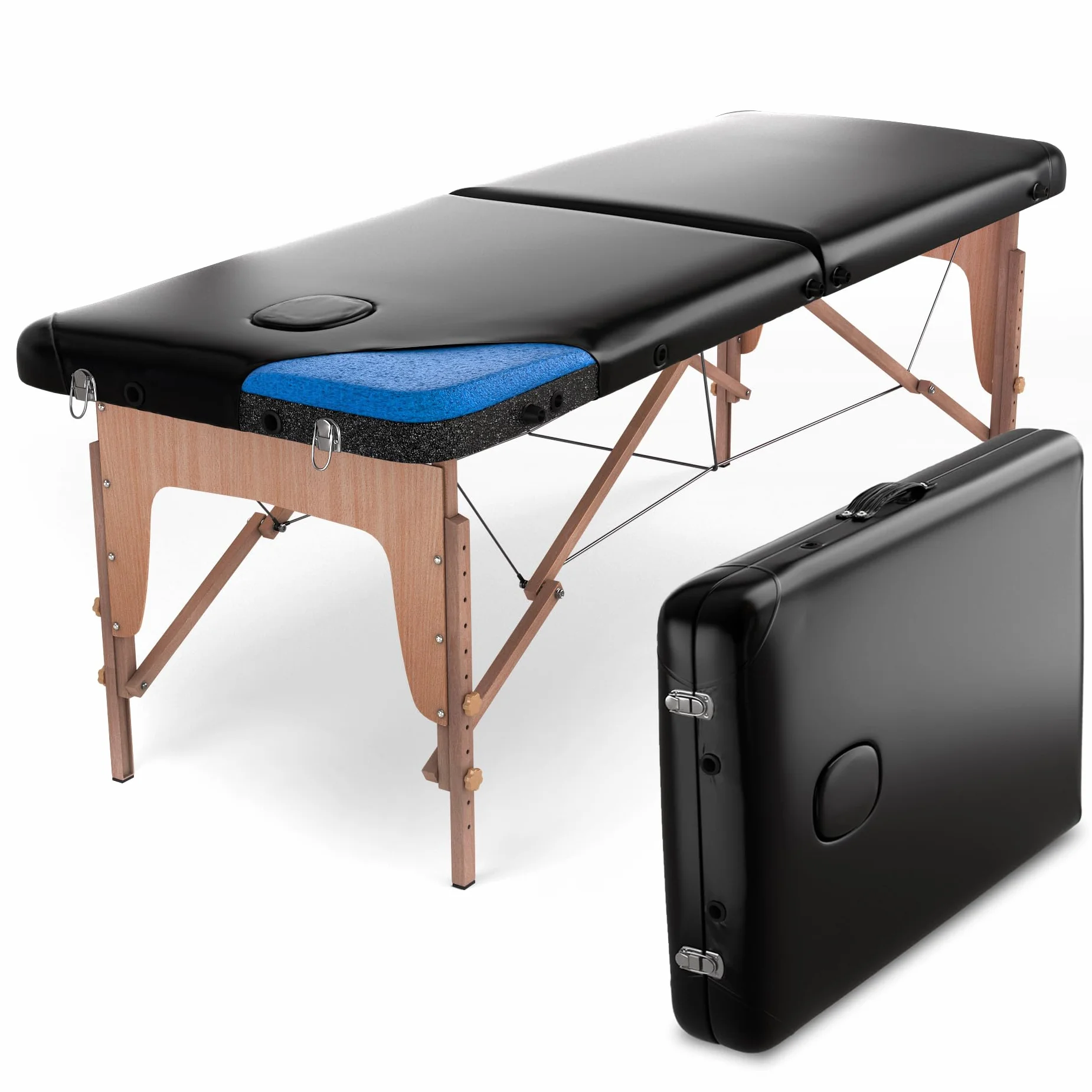 Camilla de Masaje Profesional de Madera, 180x56cm, Altura Ajustable 64-84cm, Plegable, Negro