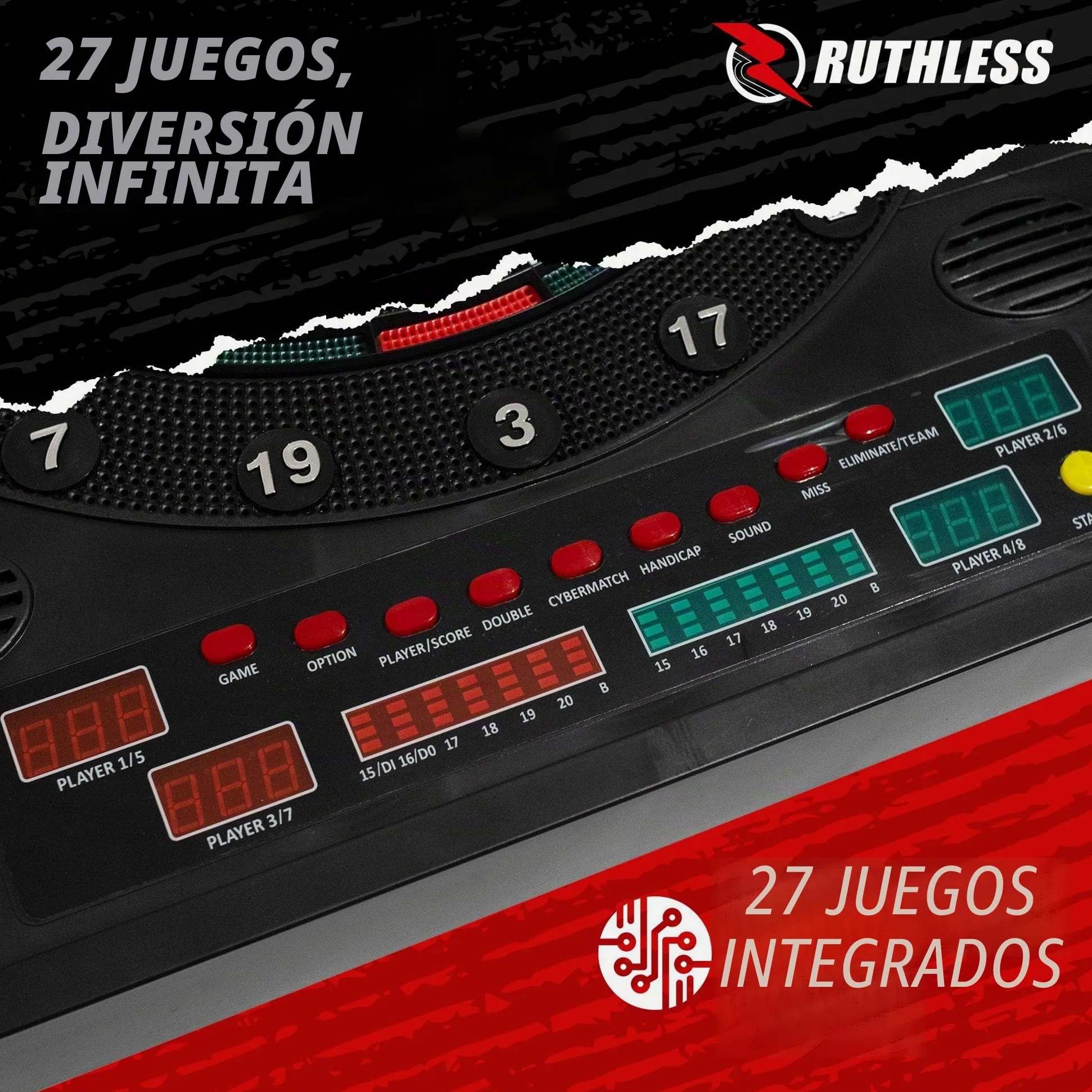 Ruthless - Tablero de dardos electrónico Ruthless R500 en gabinete - Punta blanda - incluye 4 juegos de dardos - para 8 jugadores - 27 juegos