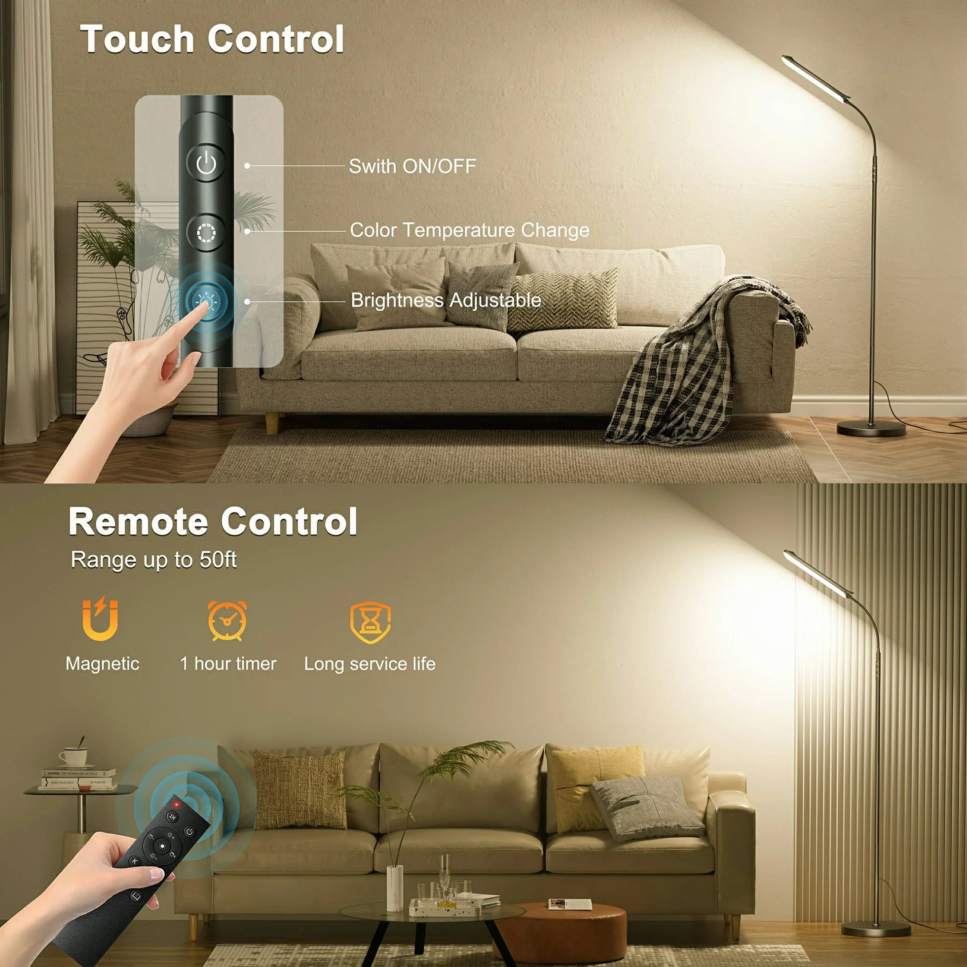 Lampara de Pie LED Regulable 18W Control Remoto Botones Tactiles Ajuste Temperatura Color Brillo Sala Estar Dormitorio Oficina