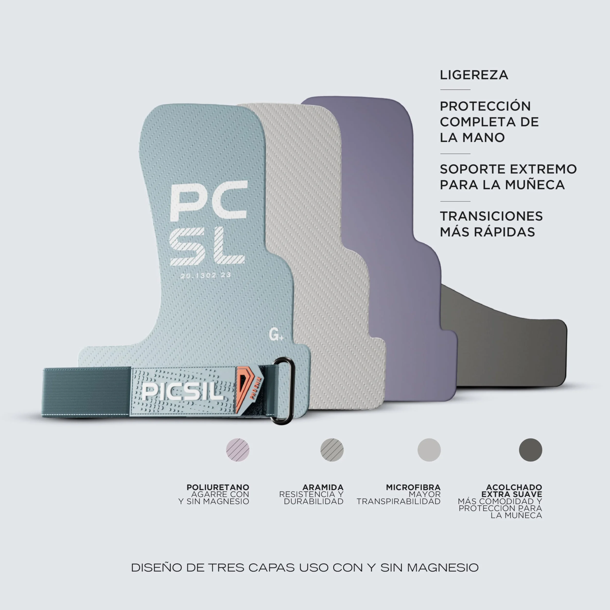 PICSIL Calleras Phoenix + Muñequeras + Bolsa, Uso Sin Magnesio, Agarre en Todas Superficies y Cualquier Tipo de Barra, Diseñadas para Todos los Atletas (Aqua, G+)