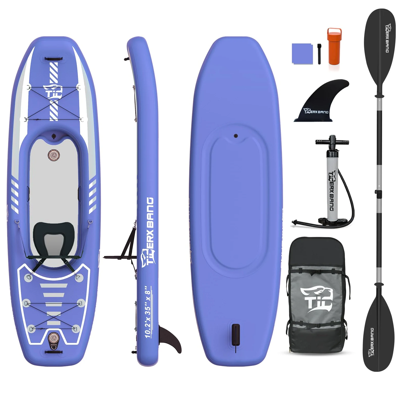 TIGERXBANG Kayak hinchable de 310 x 89 x 20 cm con asiento para adultos y niños, juego de kayak SUP con bomba, remo de aluminio y mochila, kayak tubular estable para pesca, excursiones y ocio, color