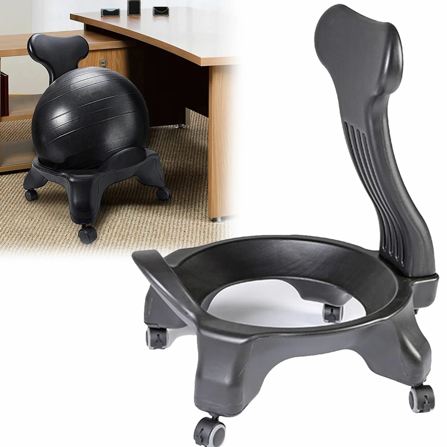 Silla de Bola Base Ergonómica con Ruedas para Oficina, Soporte de Estabilidad Móvil