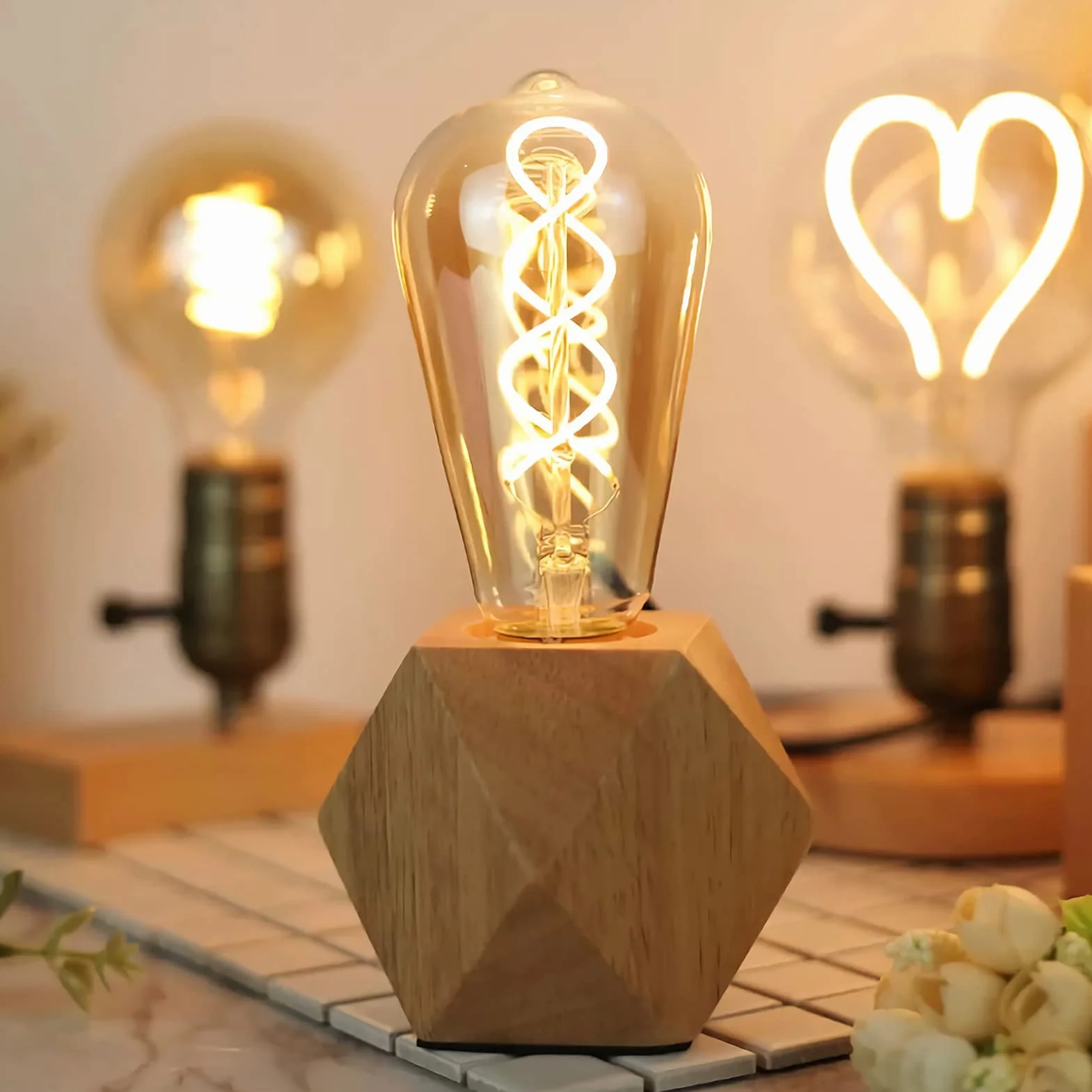 Lámpara de mesa pequeña E27 60W base de madera de diamante para dormitorio salón oficina
