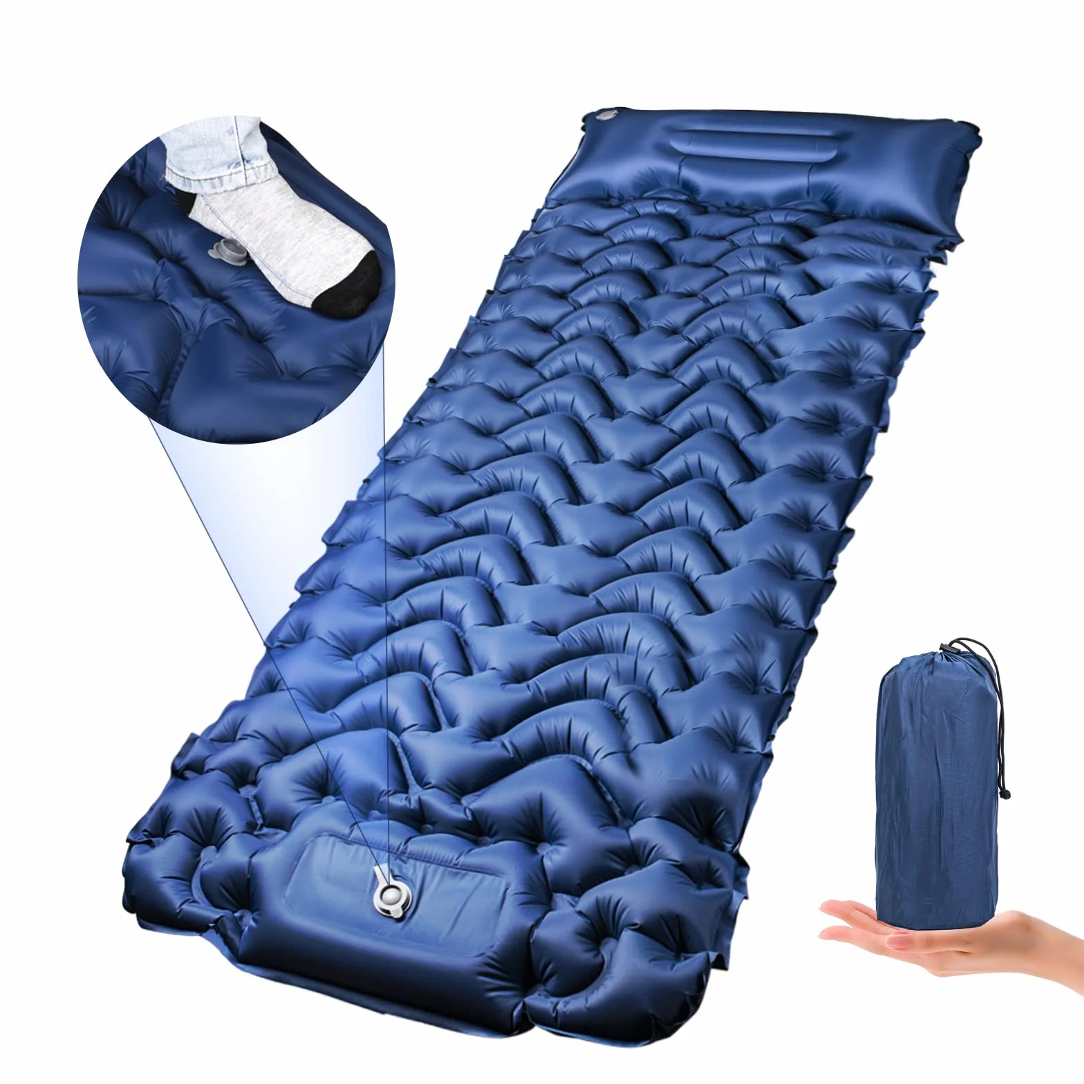 Esterilla Camping Autoinflable, Espesar Colchoneta Camping Hinchable con Almohada, Ultraligero Colchon Hinchable Camping con Bomba de Pie, para Viajes, Exteriores, Senderismo, Playa