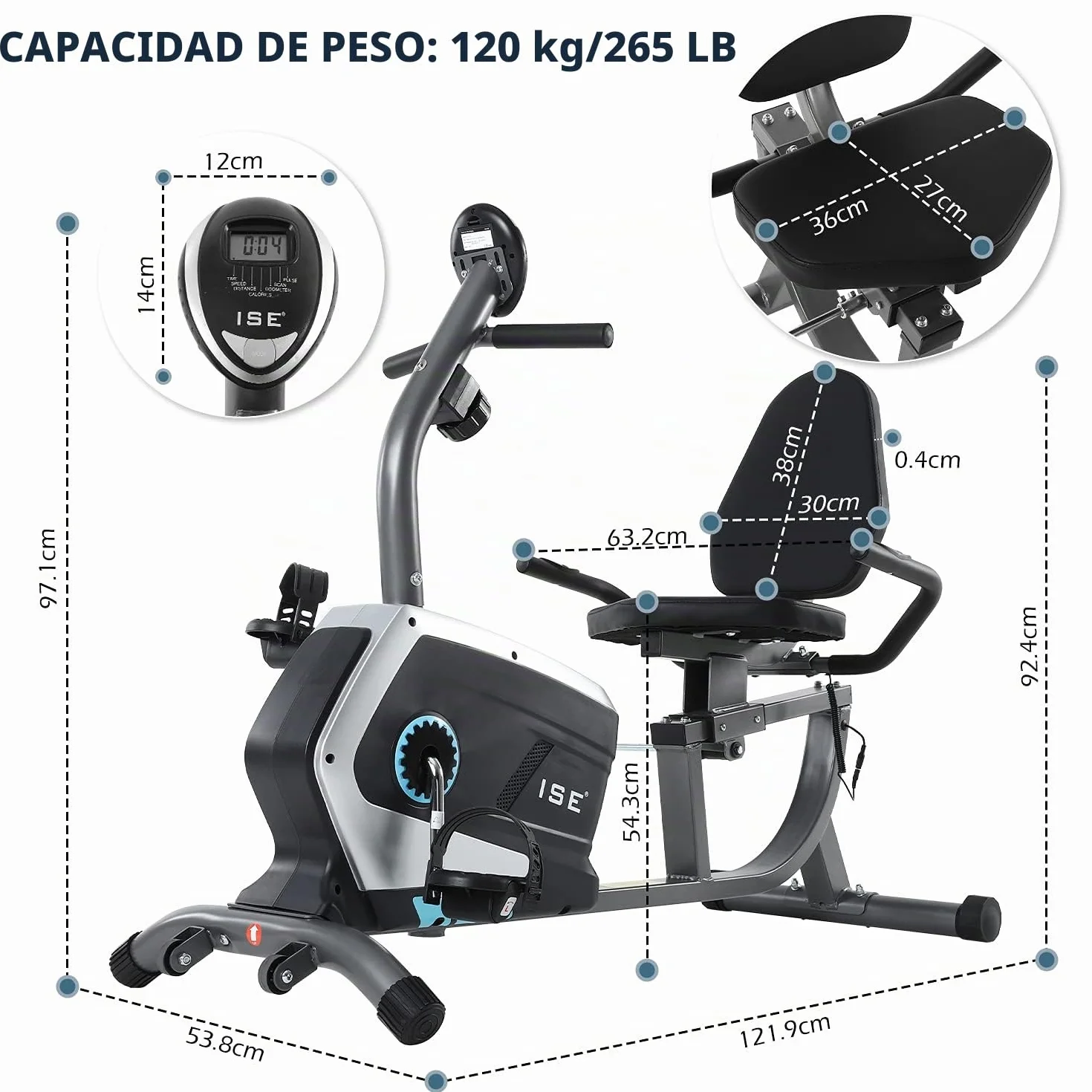 ISE Bicicleta Estática con Respaldo para casa, Bicicleta Estatica Magneticacon 8 Niveles de Resistencia,Sensor de Pulso, Bicicletas Estaticas Rehabilitacion indoor,Bici estatica profesional Máx.120 kg