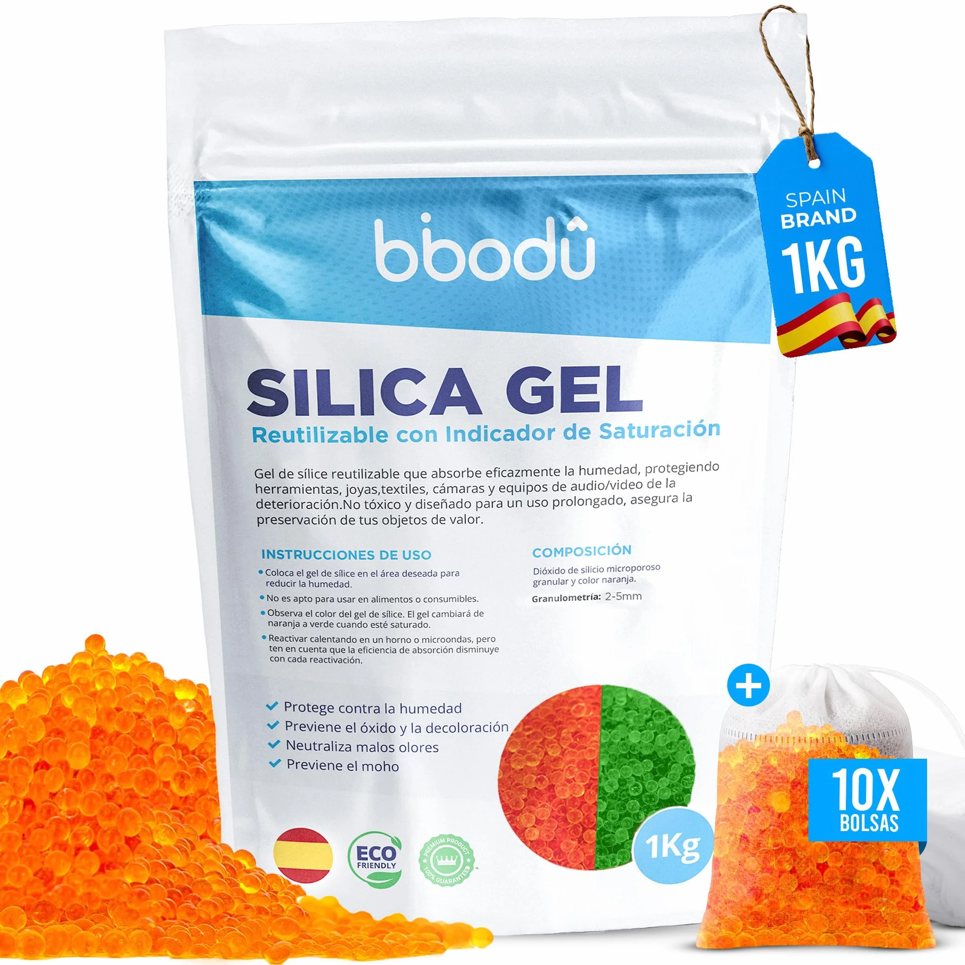 Gel de Sílice Naranja 1KG + 10 Bolsas Reutilizable con Indicador de Saturación