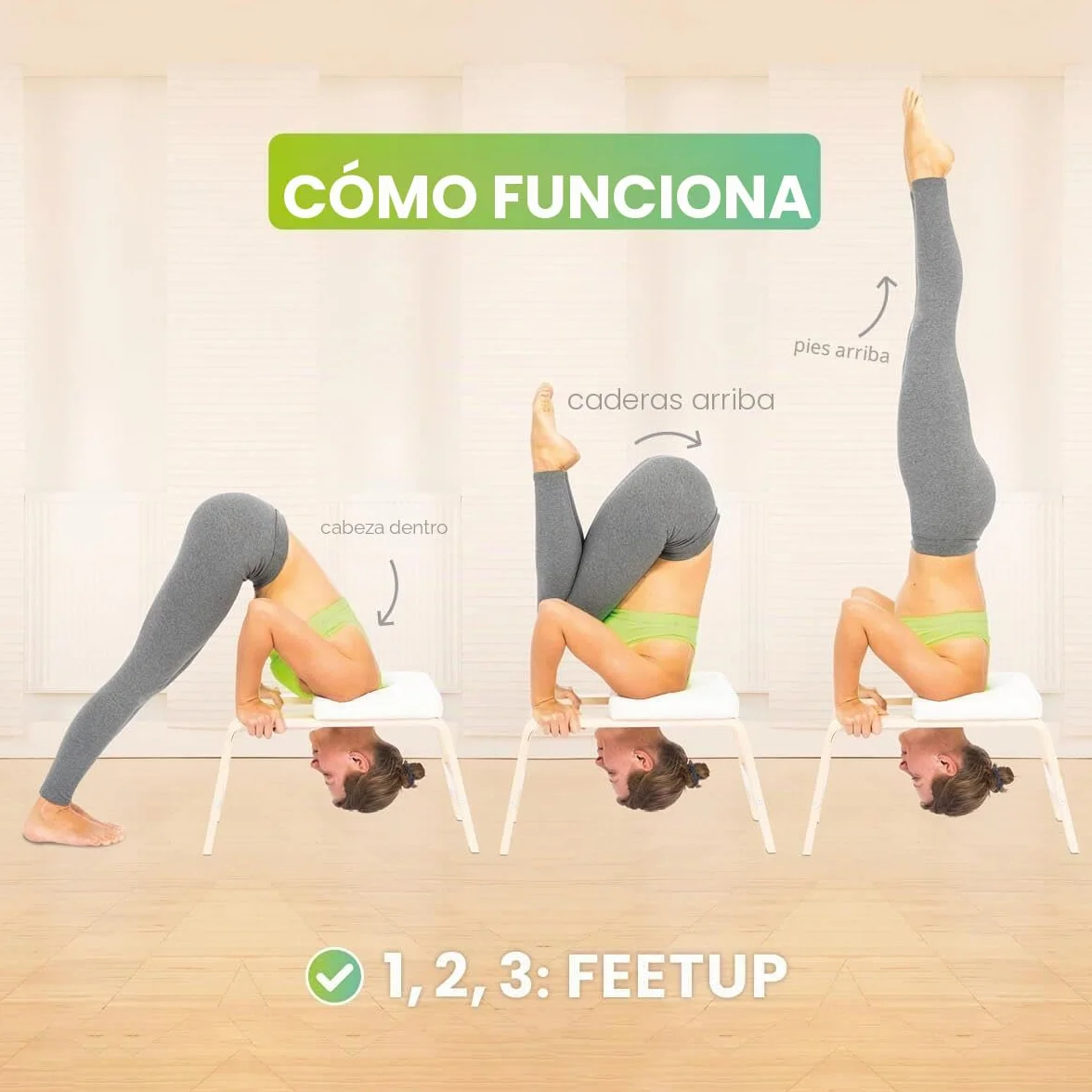 FeetUp - El Banco Original de Yoga, Banco y Soporte Vegano, Equipo de inversión de Entrenamiento de Fuerza para relajación y Fuerza, Incluye aplicación y Kit de Inicio (Honey, Chai)