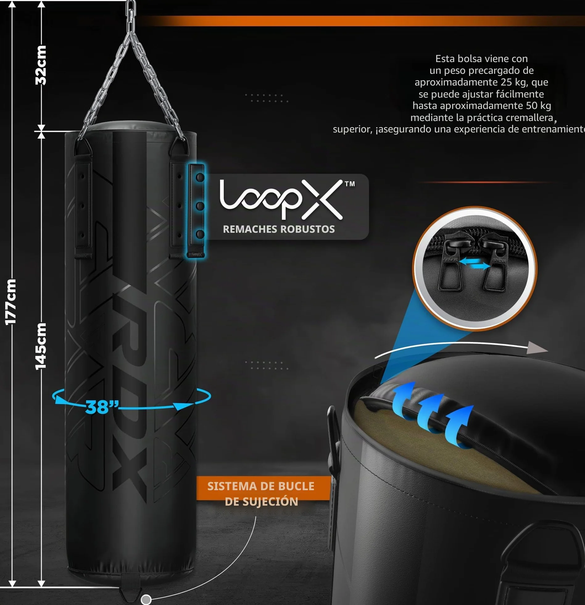 RDX Saco de Boxeo Adulto Relleno 5FT Cuero Maya Hide Punching Bag Set con Guantes Cadena y Soporte de Pared