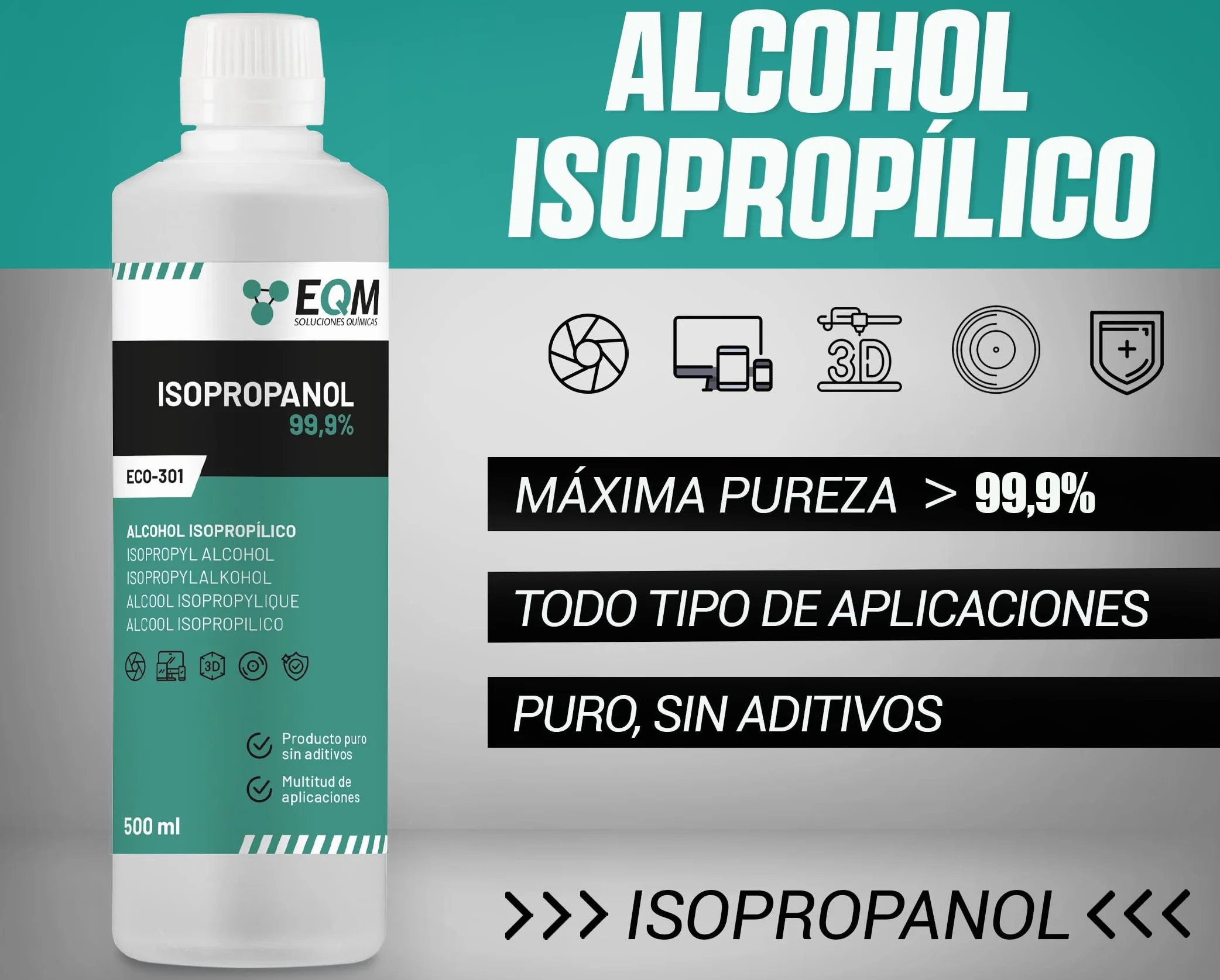 Alcohol Isopropílico 99,9% 500 ML Isopropanol Limpieza Componentes Electrónicos