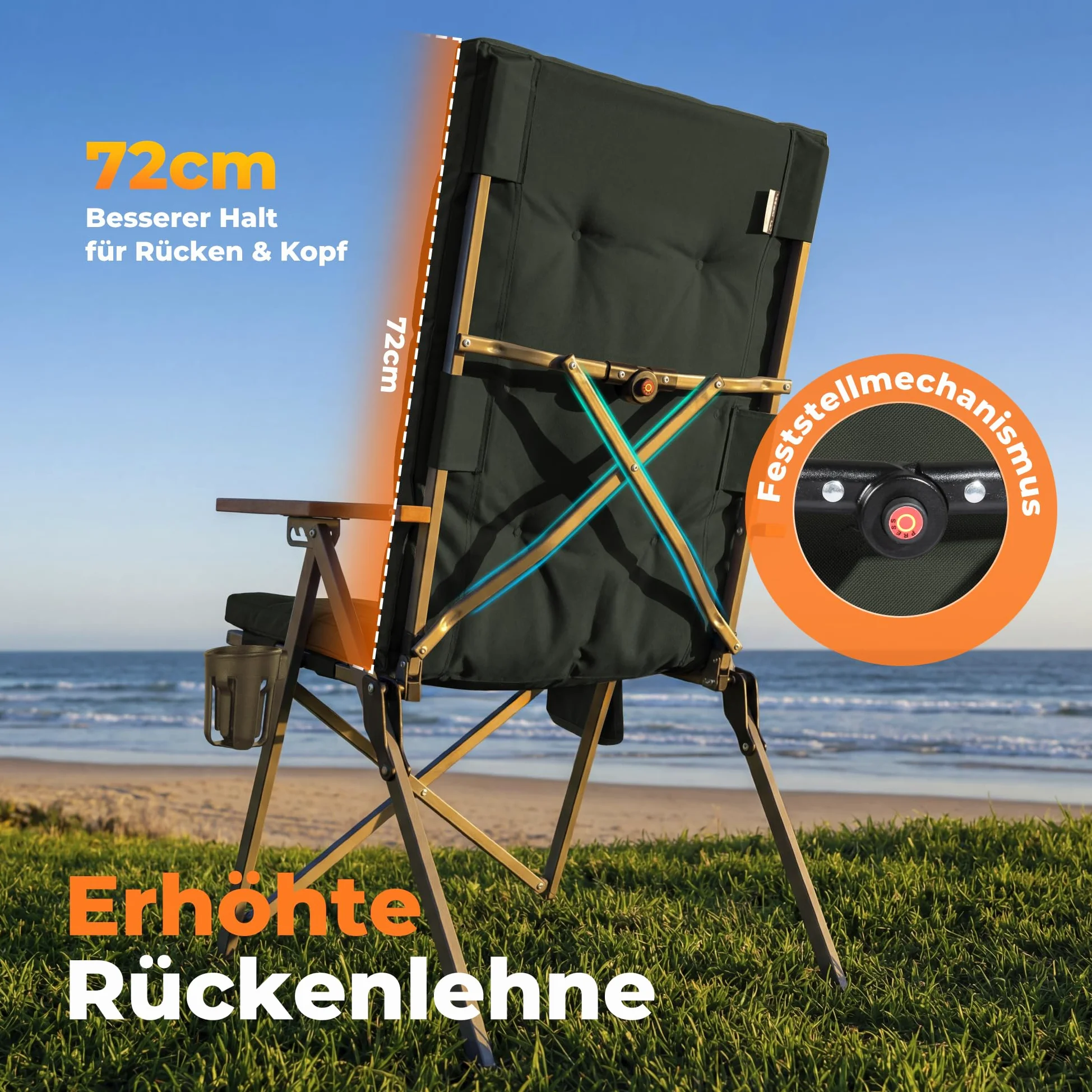 Homecall Silla de camping plegable, soporta 150 kg, respaldo alto, silla plegable de lujo, con 3 posiciones, ajustable con 4,5 cm de grosor, acolchada, para jardín, balcón, autocaravana (1, gris