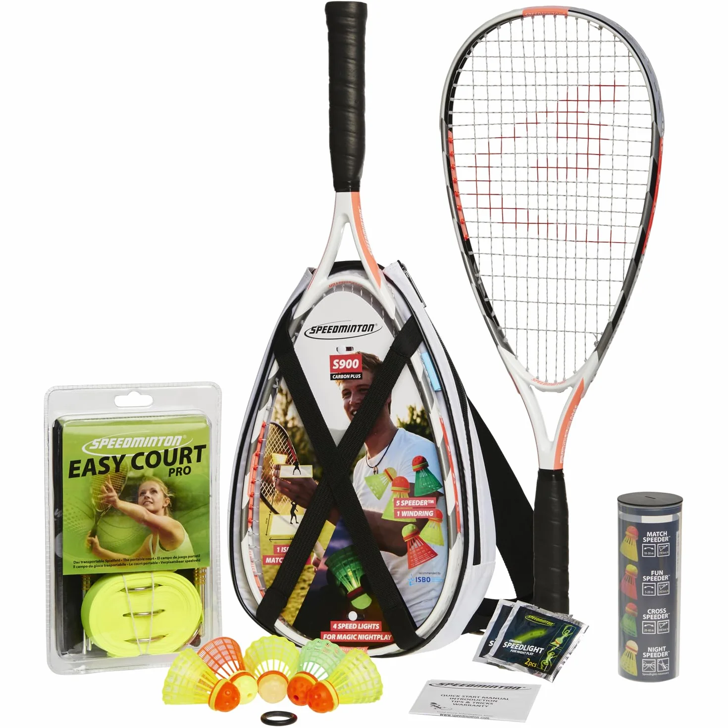 Speedminton® S900 - Juego de bádminton/Crossminton Profesional con Raquetas de Carbono, Incluye 5 Speeder®, Campo de Juego, Bolsa
