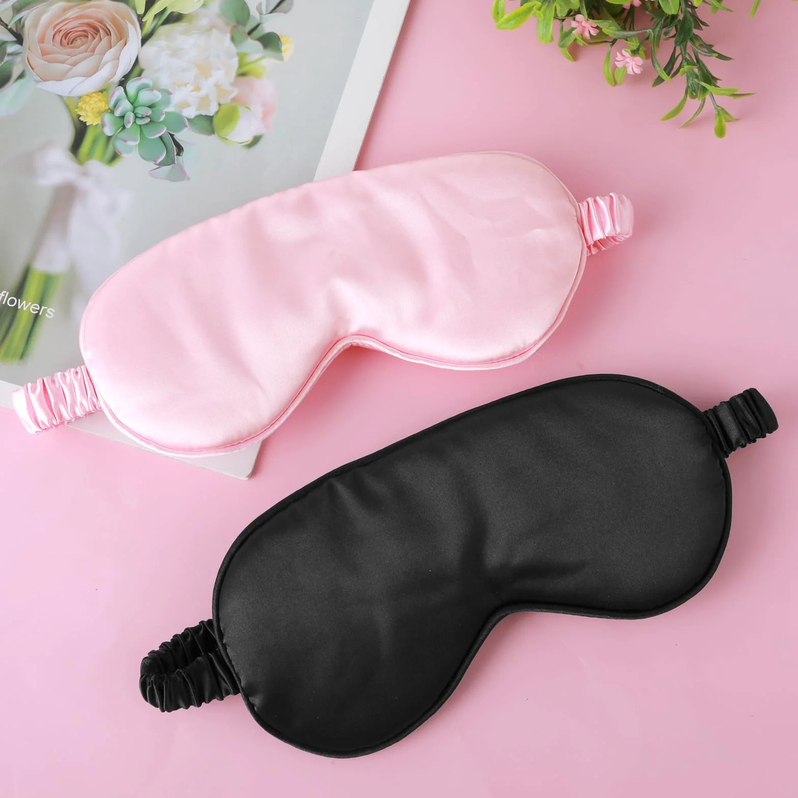 Máscara para Dormir de Seda Suave con Correa Elástica - Paquete de 2 - Negro Rosa