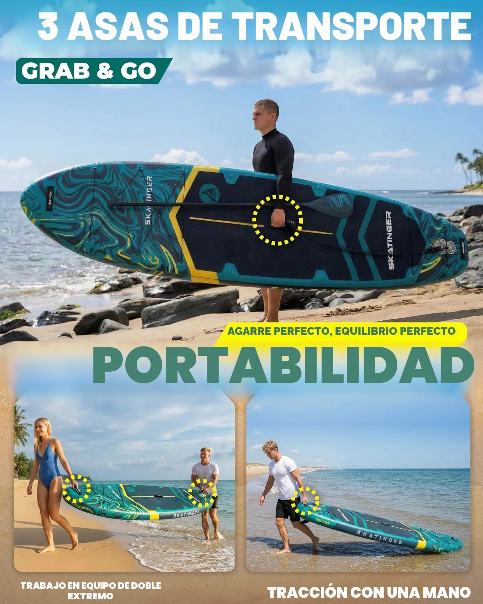 Skatinger Tabla de Remo Inflable extraancha de 335 x 86 cm, soporta hasta 190 kg, para Adultos, Sup Estable para 2 Personas/Familia, Remo de 3 Piezas, Correa para el Hombro, quilla Estadounidense