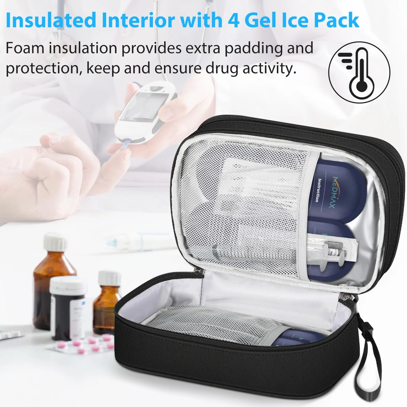 MEDMAX Enfriador Bolsa de Insulina 4 Paquetes de Hielo, Organizador de Medicamentos Aislado Estuche, Negro