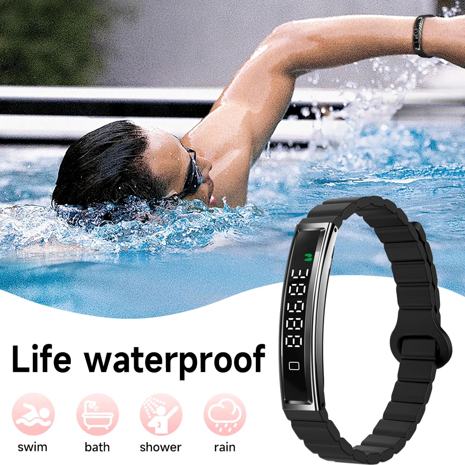 findtime Pulsera inteligente con podómetro, monitor de actividad estrecha, monitor de sueño, IP68, resistente al agua, para iOS y Android