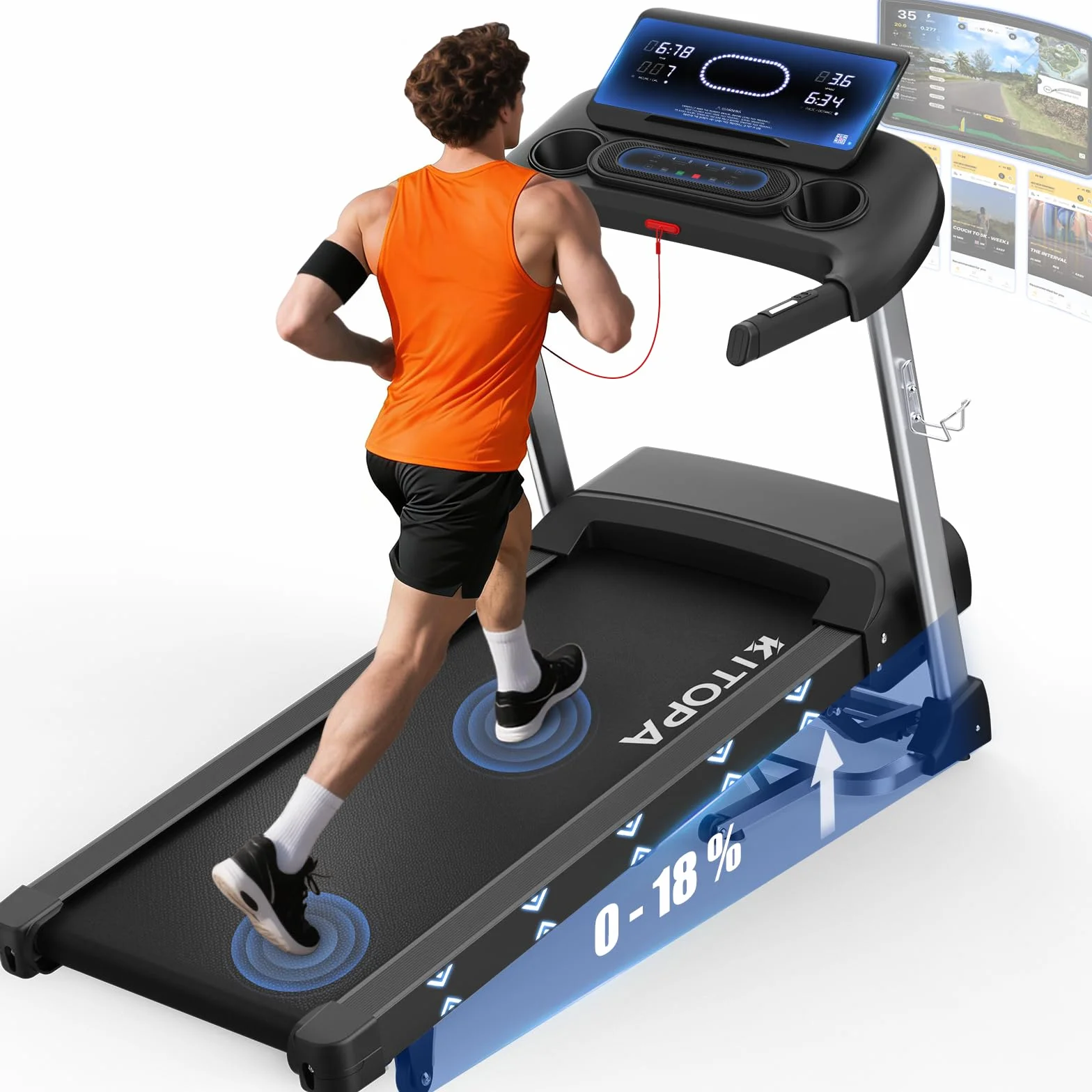 Kitopa Cinta de Correr Profesional Plegable de 7 CV con Niveles de inclinación del 18%, 20 KM/H (12 MP/H), Compatible con App, Capacidad de Peso 180 kg, Pantalla LED, Sensor de