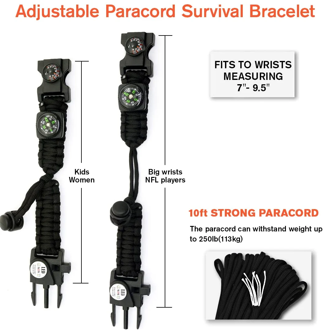 20 in 1 Survival Paracord Bracelet Adjustable Gear Kit with SOS LED Light, Fire Starter, Bigger Compass, Survival Whistle, Perfect for Camping, Hiking, Fishing