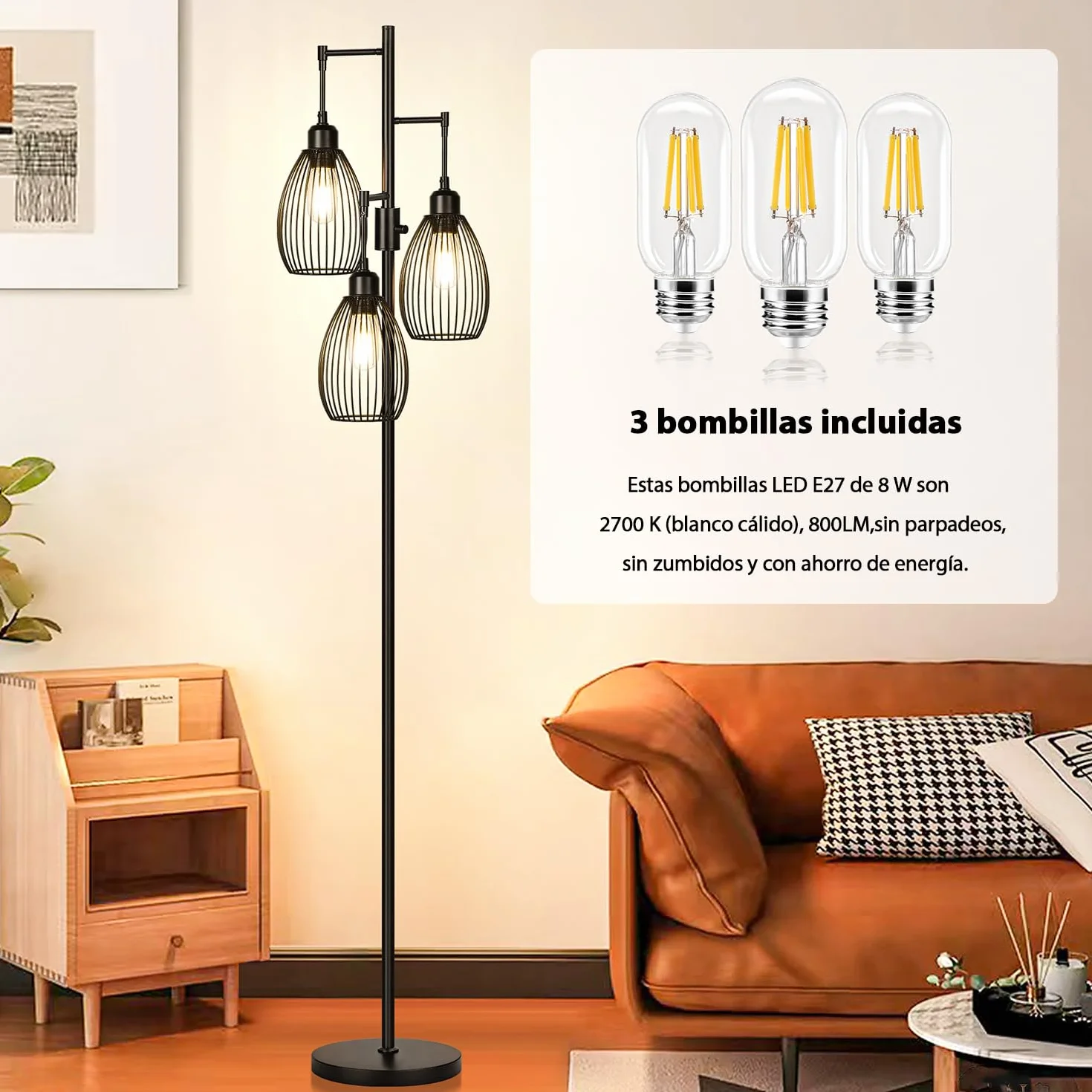Lámpara de pie regulable Nintiue, 3 bombillas LED 800 lm, jaula lágrima, industrial granja, salón dormitorio oficina