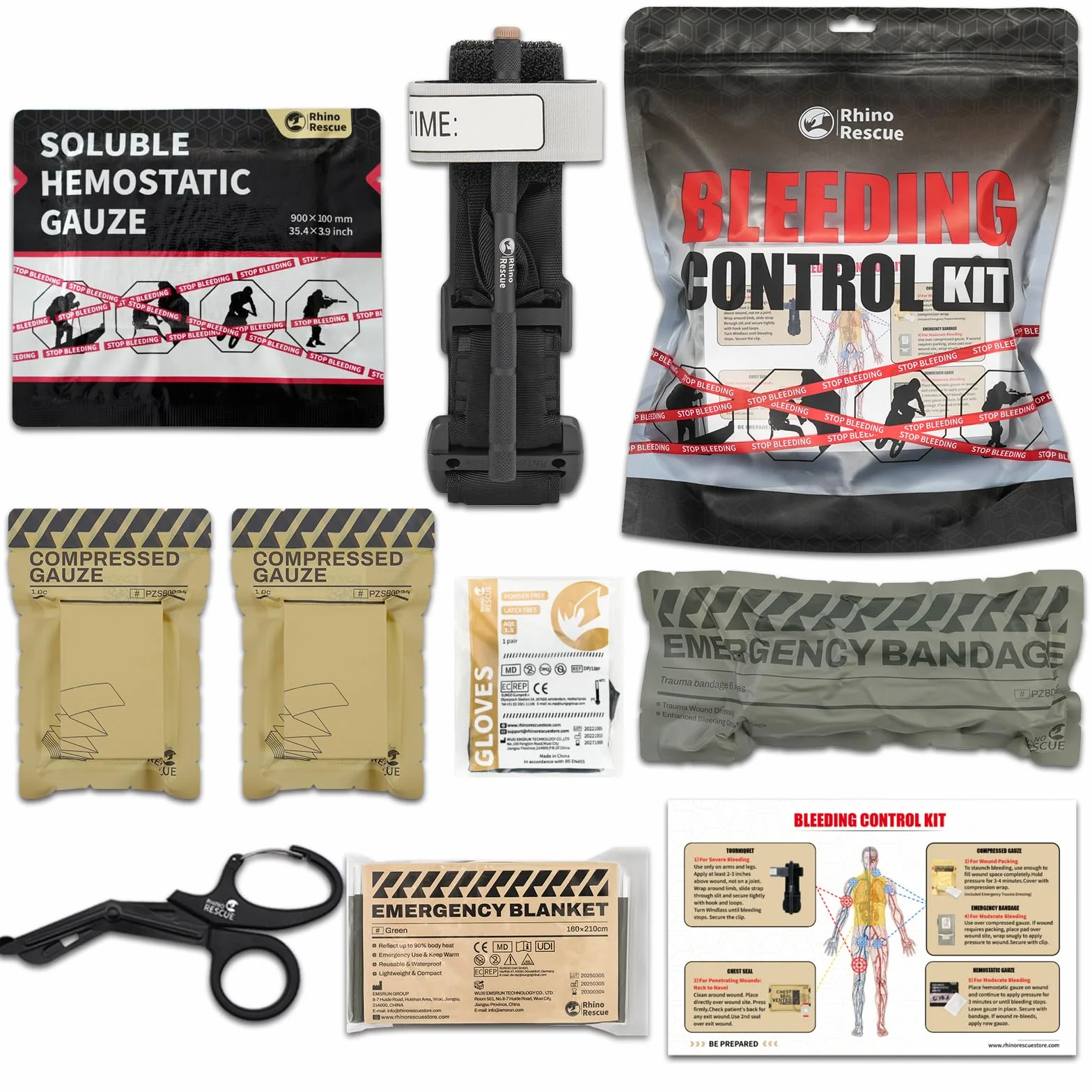 Kit Individual de Control de Hemorragias RHINO RESCUE, IFAK Botiquín Militar de Primeros Auxilios con Torniquete