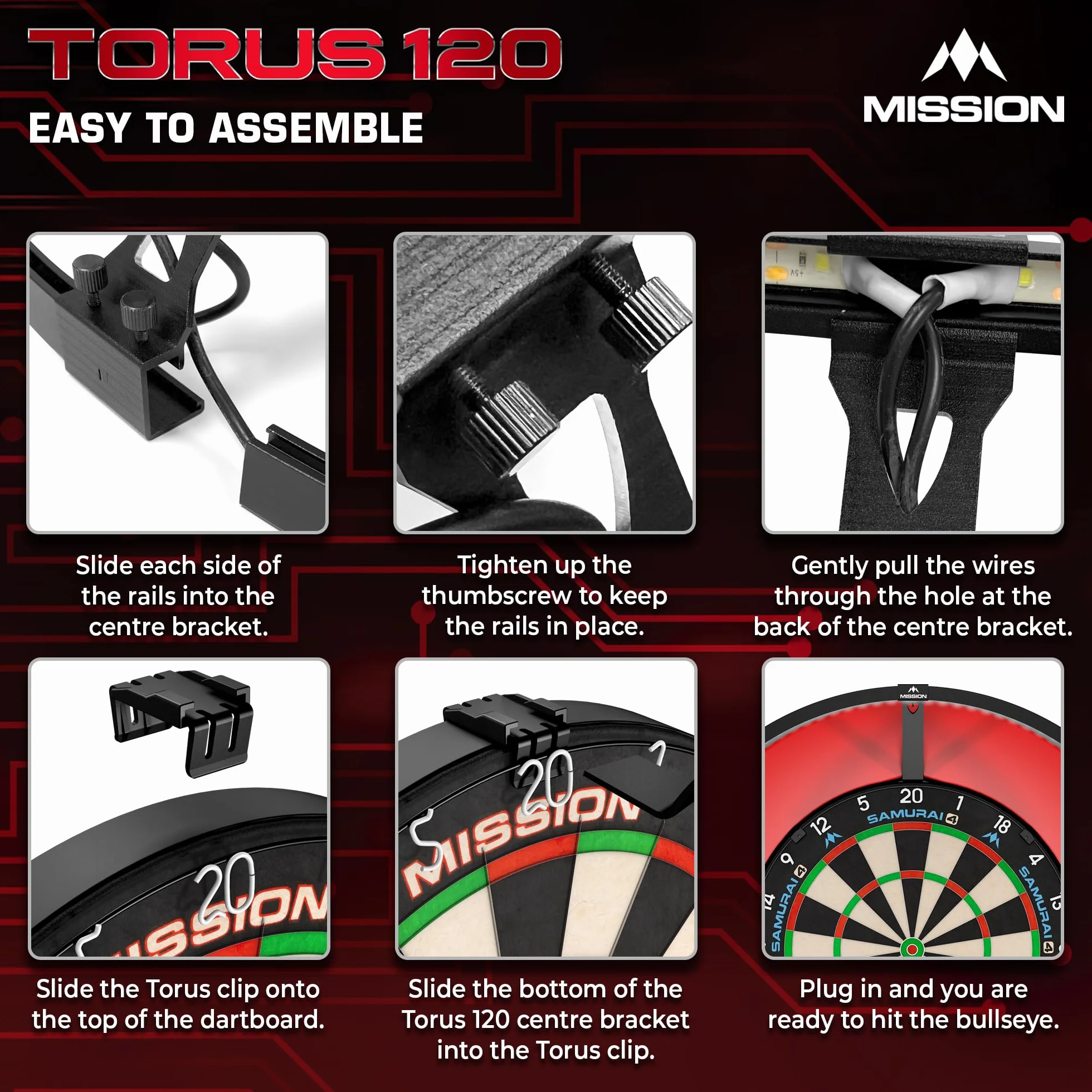Mission Darts | Torus 120° | LED blanco brillante | Sistema de iluminación de tablero de dardos | Portátil | USB C.