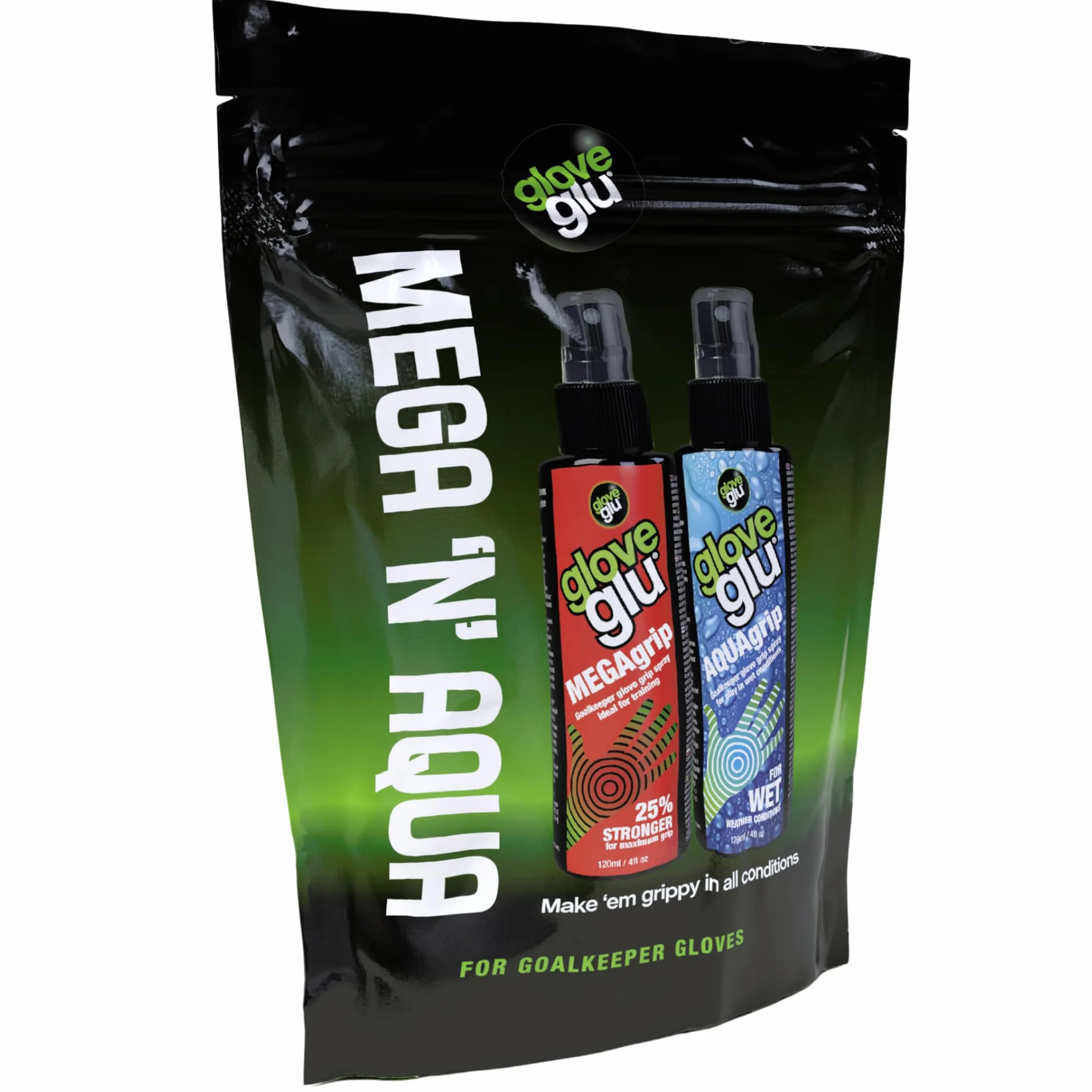 Gloveglu Mega + Aqua Bundle Bag Megagrip Aquagrip 120 ml Mejora el Agarre del Guante de Portero, Negro