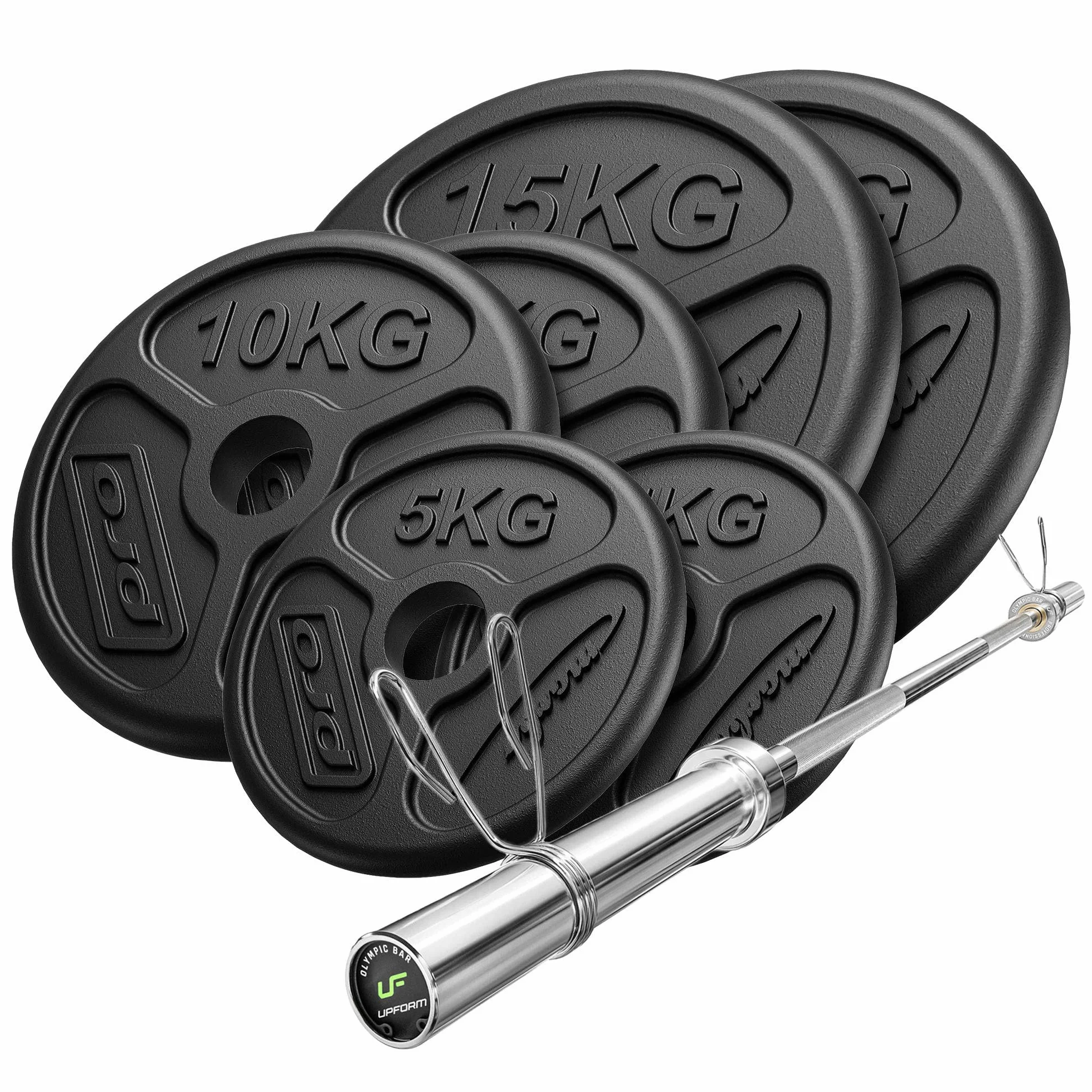 Marbo Sport Juego de Mancuernas Olympia Fundido con Barra de 180 cm de ø50 mm, Barra SZ de 120 cm de ø50 mm, Barras de Mancuernas de 50 cm de ø50 mm y Pesas | Set 45kg/55kg/65kg/75kg a Elegir