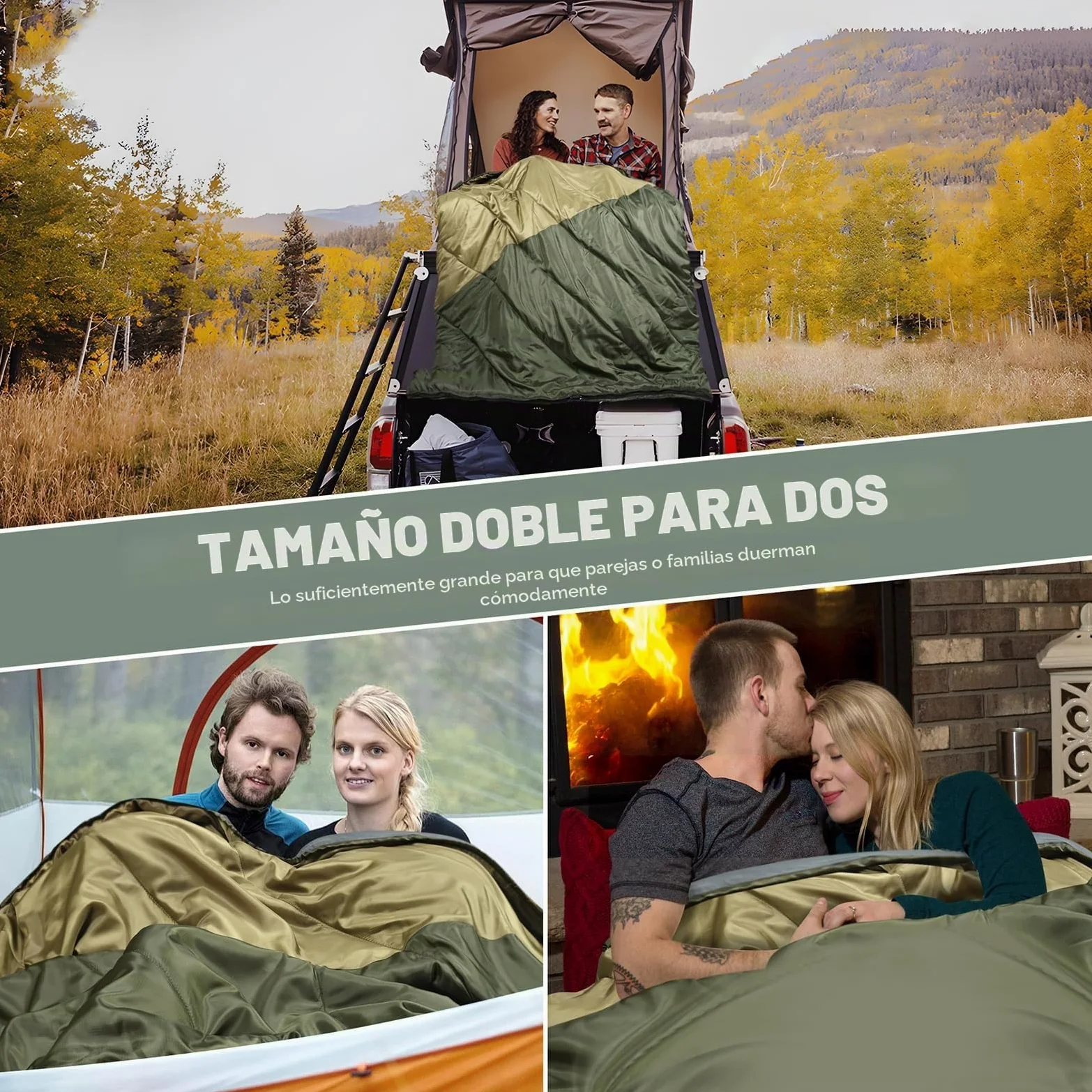 Saco de dormir doble, saco de dormir para 2 personas, tamaño Queen, para adultos, parejas, familia, camping, mochileros, XL, impermeable, ligero, para clima frío y cálido (verde militar)