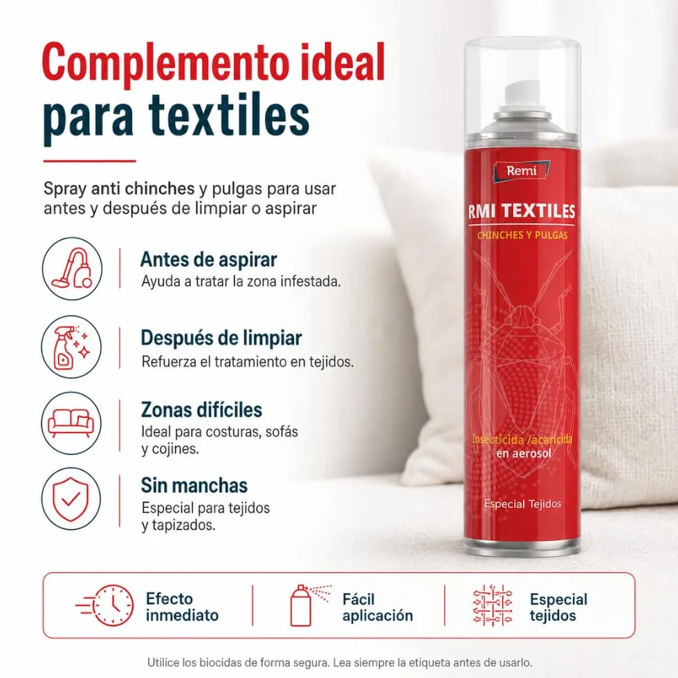 Remi Hogar Spray Anti Chinches y Pulgas Insecticida Aerosol Repelente Especial Tejidos