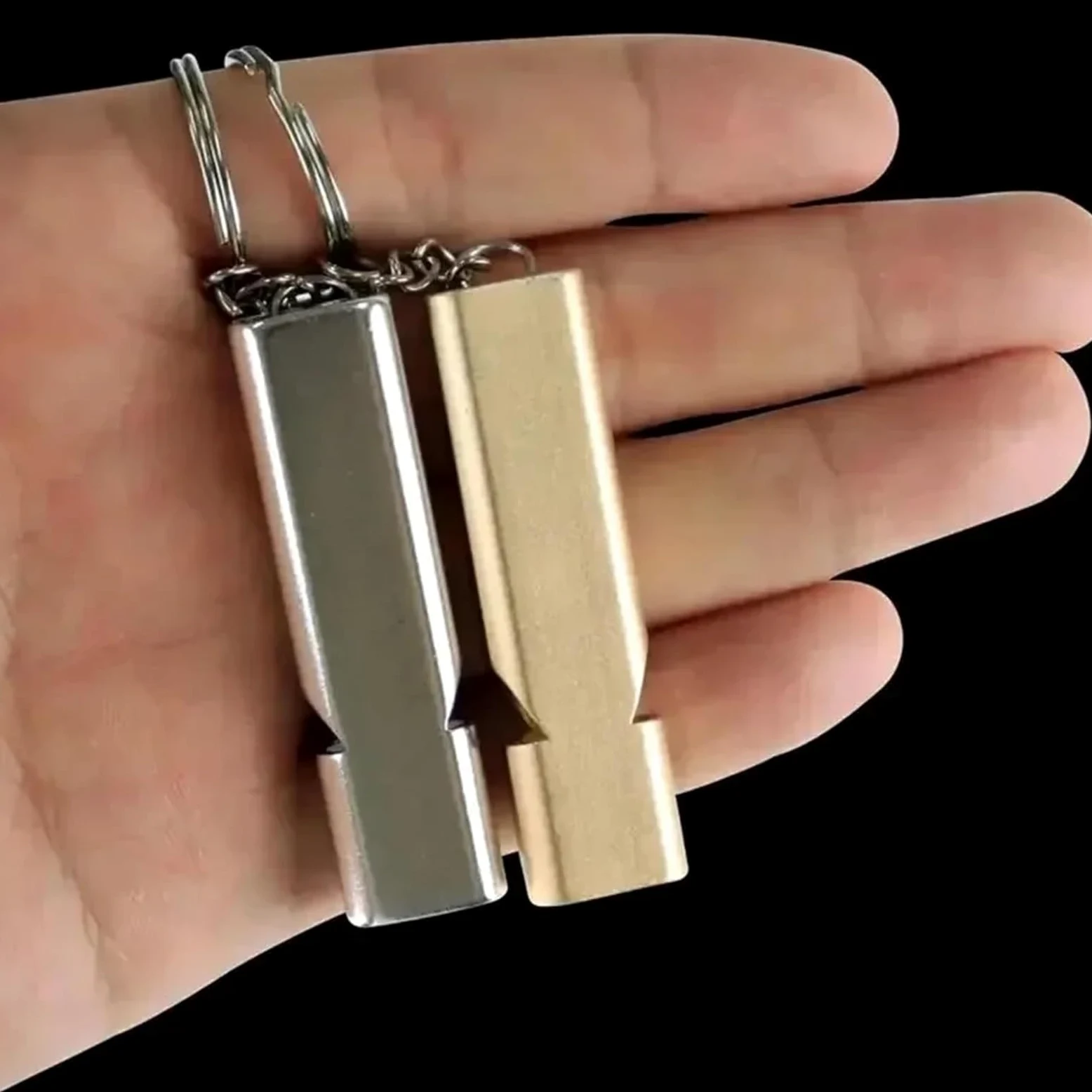Silbato de supervivencia de emergencia, silbato de seguridad de alto decibelio, silbato de aluminio de doble tubo con llavero, silbato fuerte portátil para senderismo, camping, actividades al aire