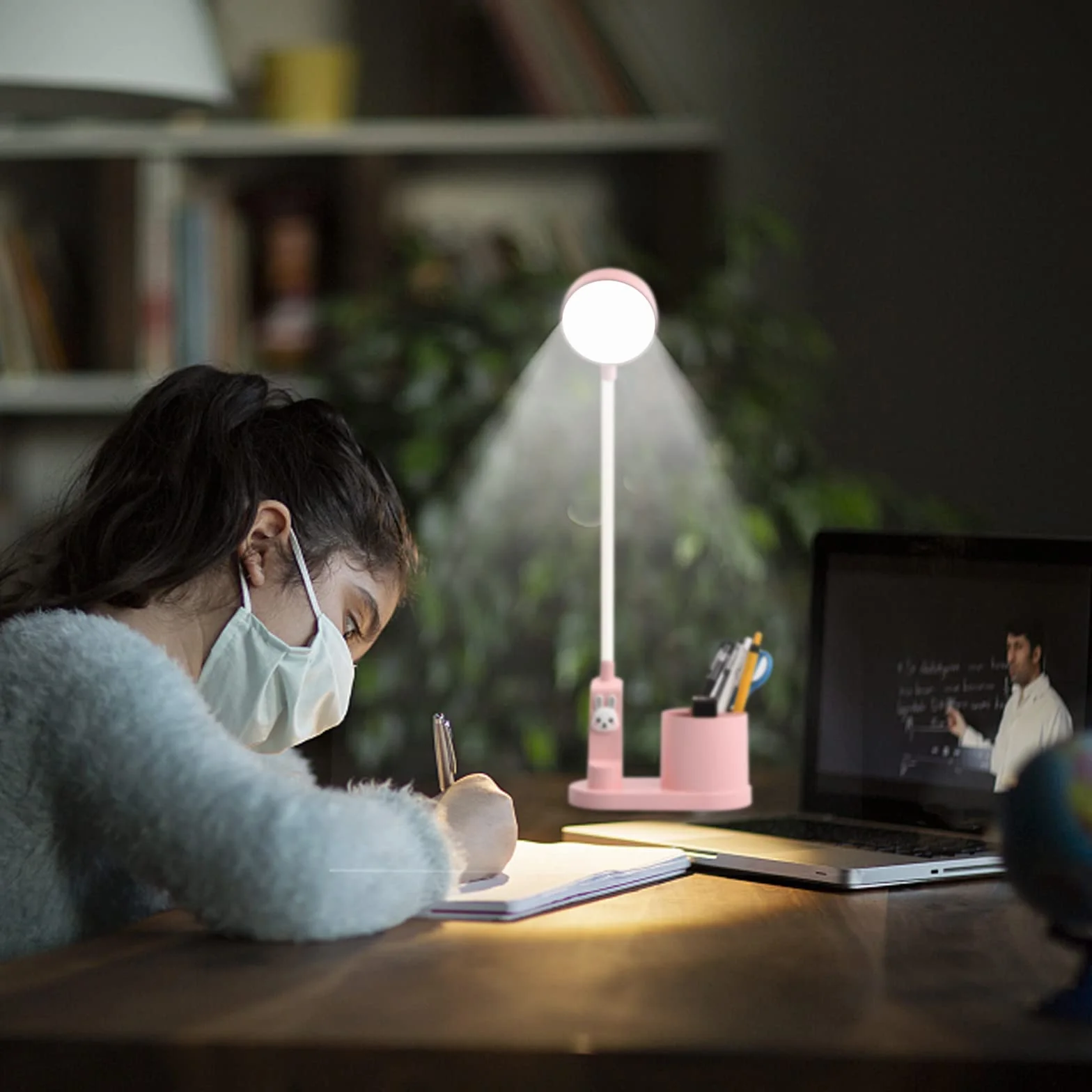 Lámpara de escritorio para niños con proyección de estrella, recargable, cuello de cisne flexible, conejo rosa