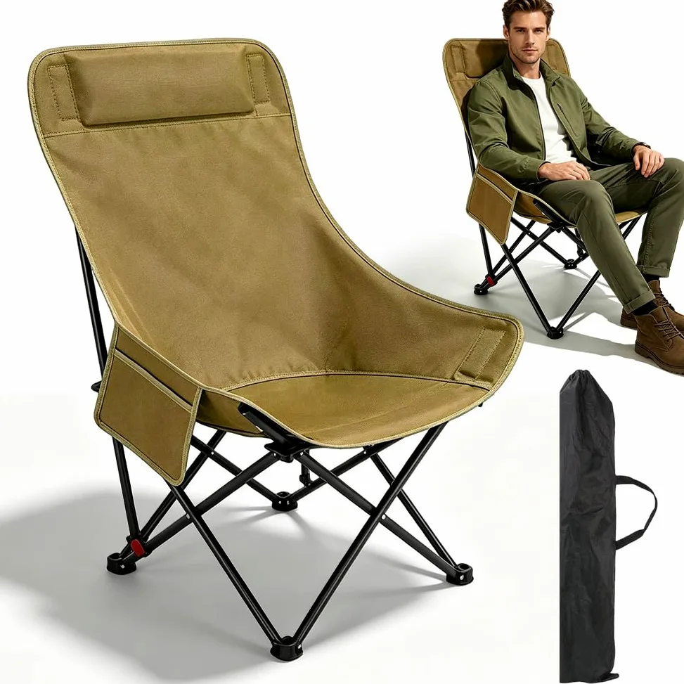 Silla de camping plegable con respaldo alto, 150 kg, silla plegable ligera con bolsillos laterales, respaldo portátil, silla de camping, silla de pesca, silla plegable para exteriores, senderismo