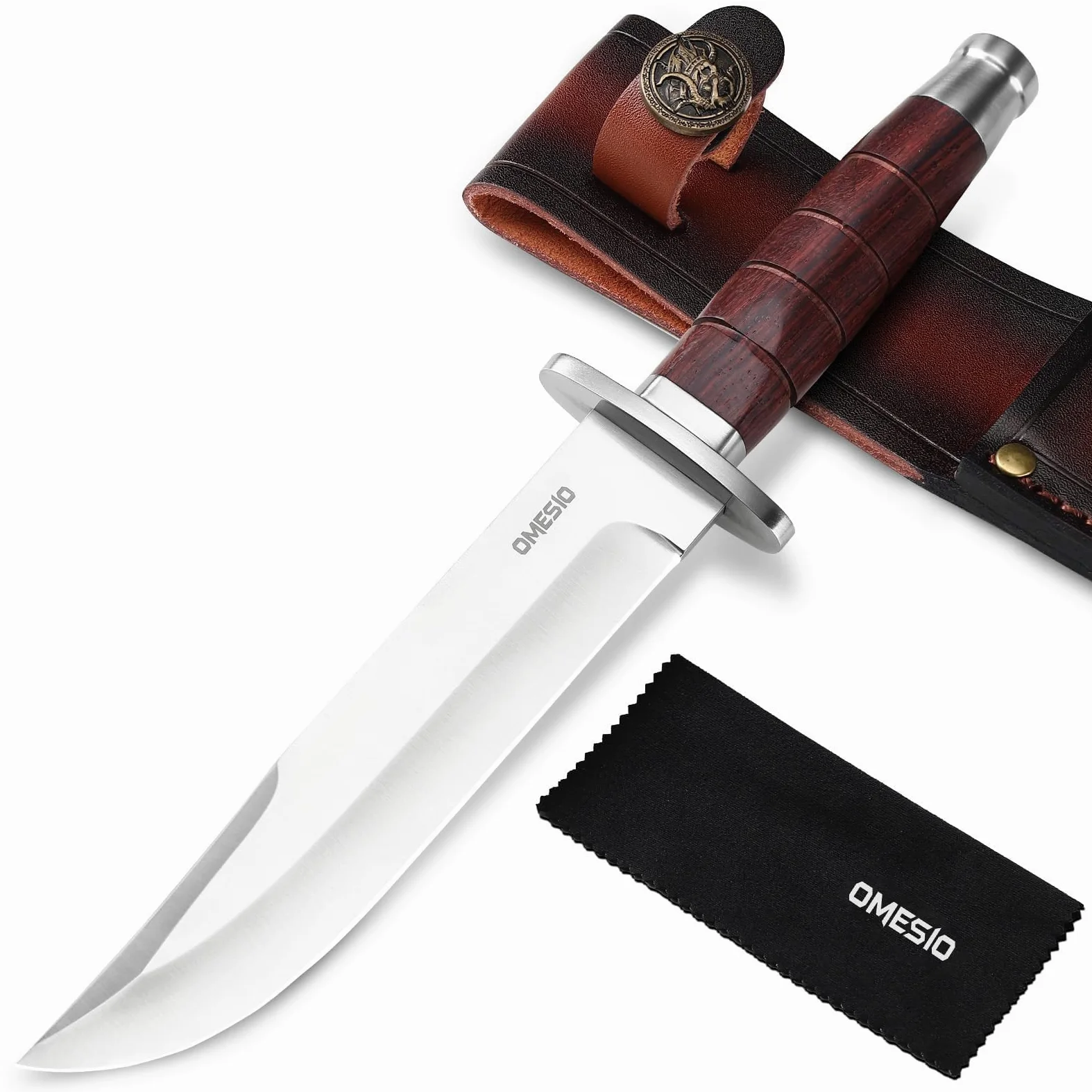 Omesio Cuchillo Outdoor Hoja Fija 5Cr14MoV con Funda de Cuero | Mango de madera maciza con funda de cuero, ideal para camping, senderismo y actividades al aire libre.