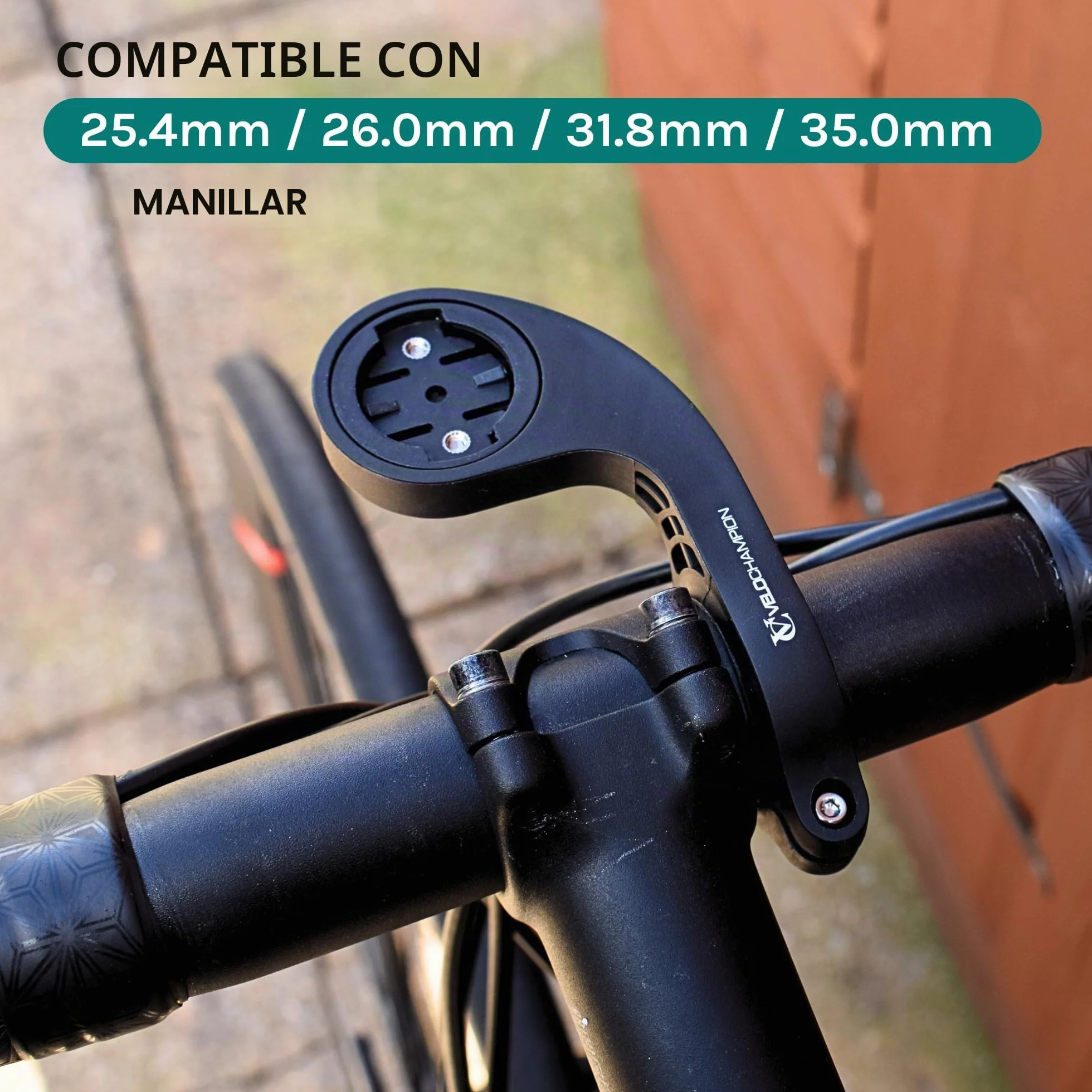 VeloChampion Soporte de Manillar Frontal Compatible con Ciclocomputadores GPS Garmin o Wahoo. Apto para Manillares con Diámetros de 25,4 a 35 mm